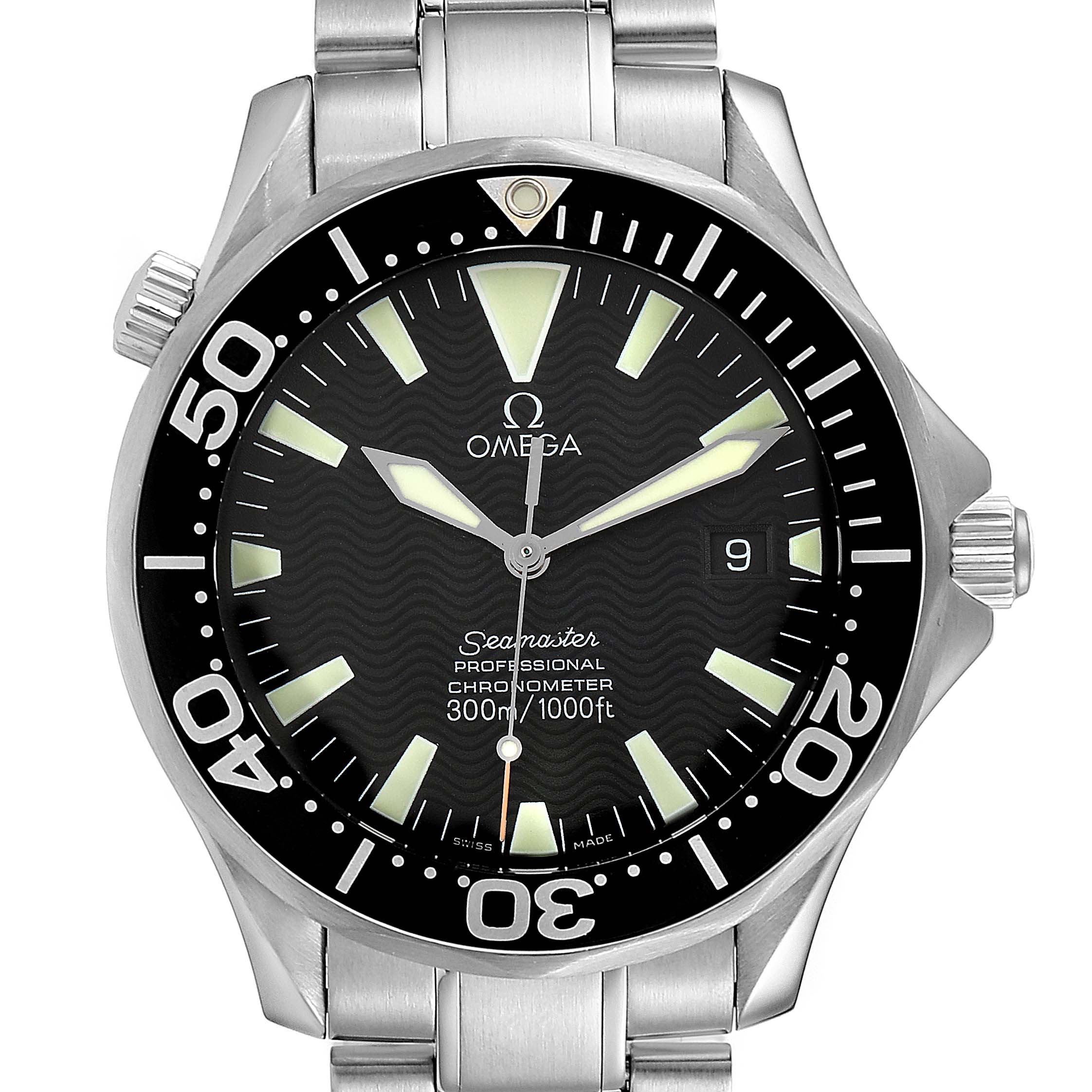 The image shows a front view of the Omega Seamaster 2254.50.00 Men
s Stainless Steel Black Dial 2254.50.00 Men
s Stainless Steel Black Dial watch, highlighting the dial, bezel, and part of the bracelet.
