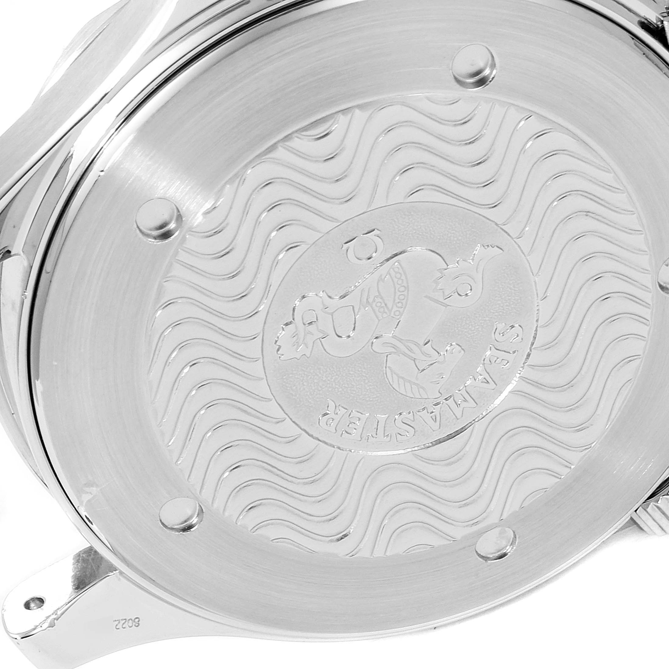 This image shows the case back of the Omega Seamaster 2254.50.00 Men
s Stainless Steel Black Dial 2254.50.00 Men
s Stainless Steel Black Dial watch, featuring the engraved Seamaster emblem and wave pattern.