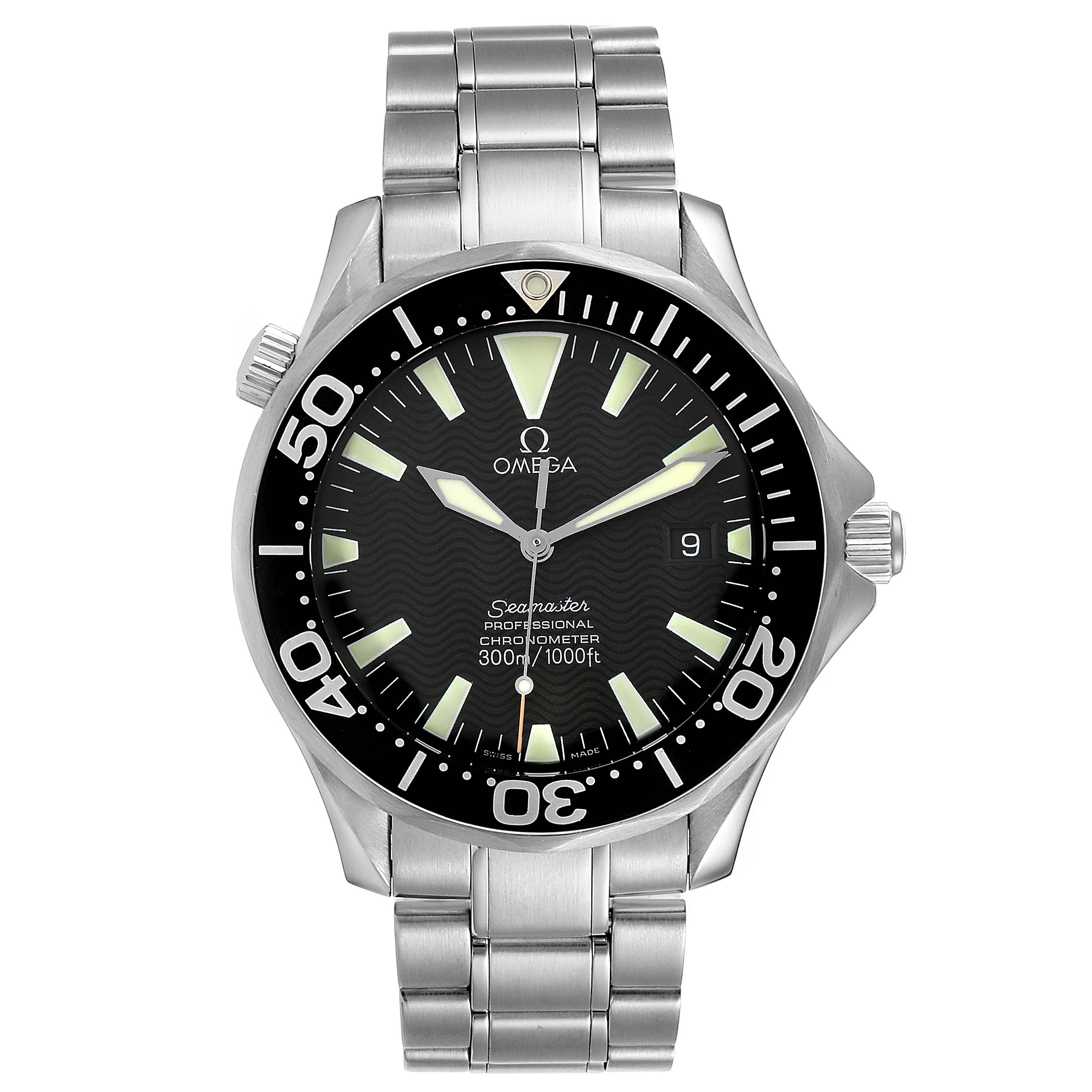The image shows an Omega Seamaster 2254.50.00 Men
s Stainless Steel Black Dial 2254.50.00 Men
s Stainless Steel Black Dial watch from the front, highlighting its dial, bezel, and metal bracelet.