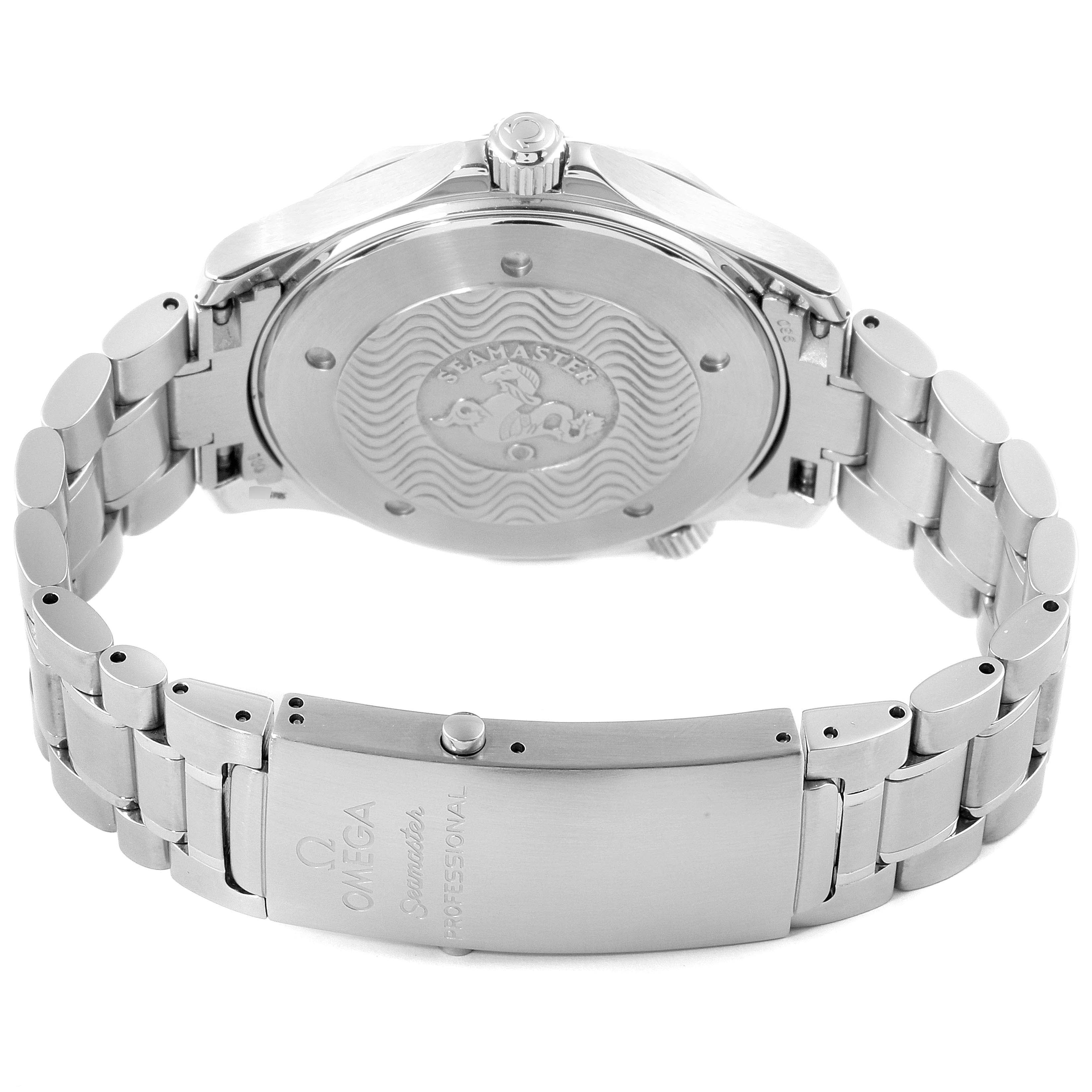 The image shows the back case and clasp of the Omega Seamaster 2264.50.00 Men
s Stainless Steel Black Dial 2264.50.00 Men
s Stainless Steel Black Dial watch at an angle, focusing on the bracelet and rear engraving.