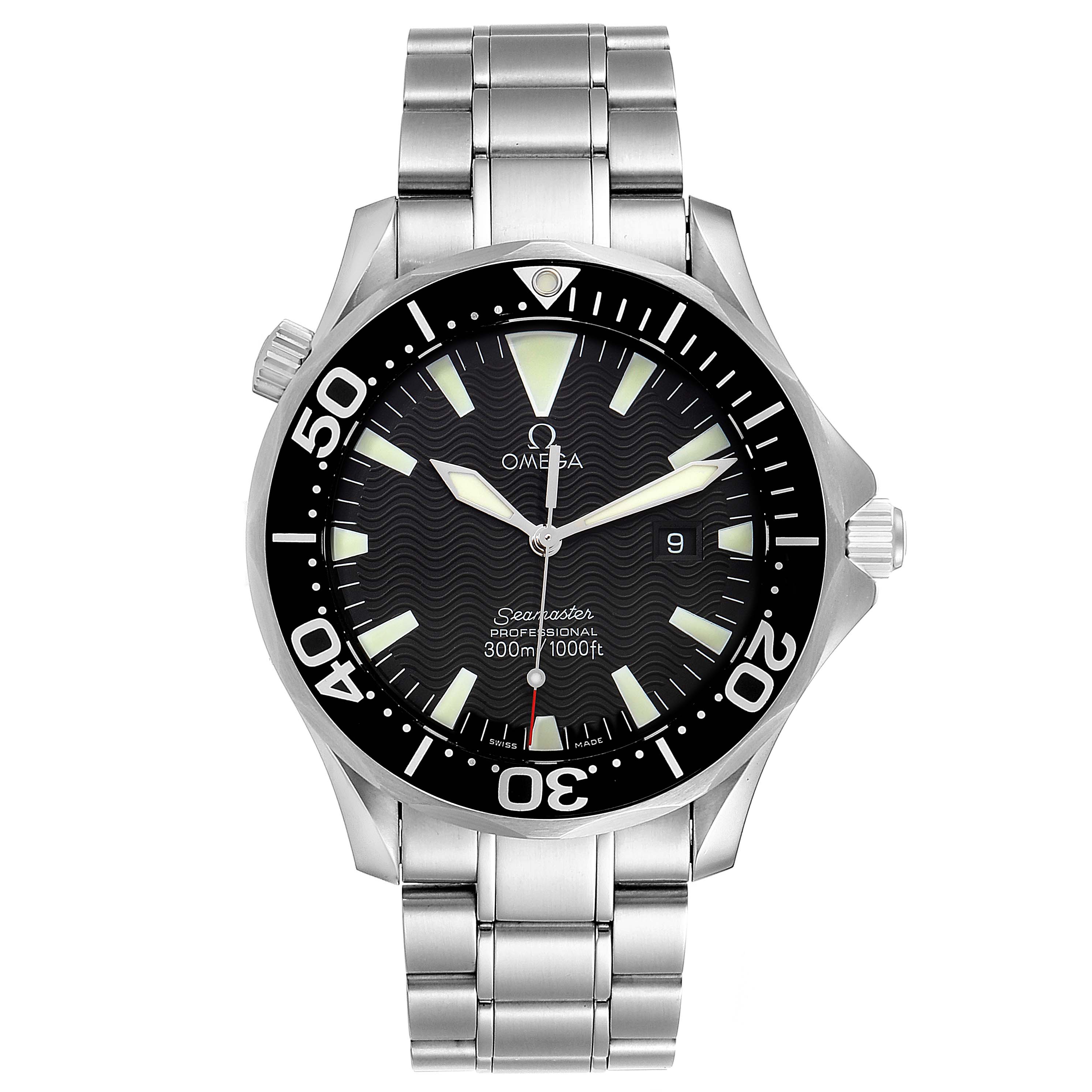 This is a front view of the Omega Seamaster 2264.50.00 Men
s Stainless Steel Black Dial 2264.50.00 Men
s Stainless Steel Black Dial watch, displaying its bezel, dial, hands, bracelet, and crown.