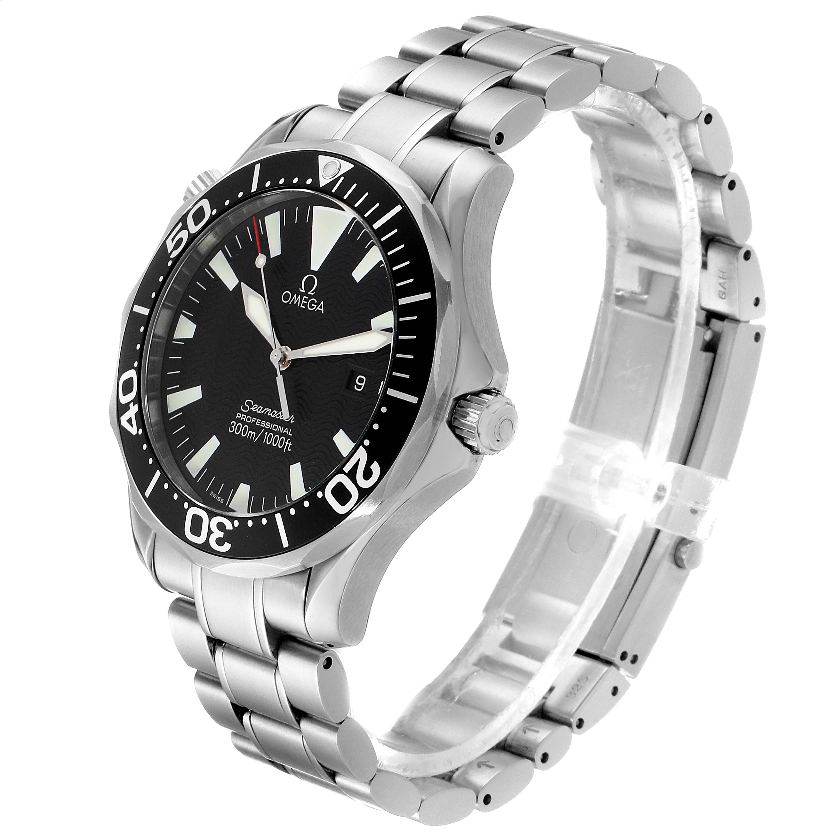 The Omega Seamaster 2264.50.00 Men
s Stainless Steel Black Dial 2264.50.00 Men
s Stainless Steel Black Dial watch is shown at a three-quarter angle, displaying the face, bezel, crown, and metal bracelet.