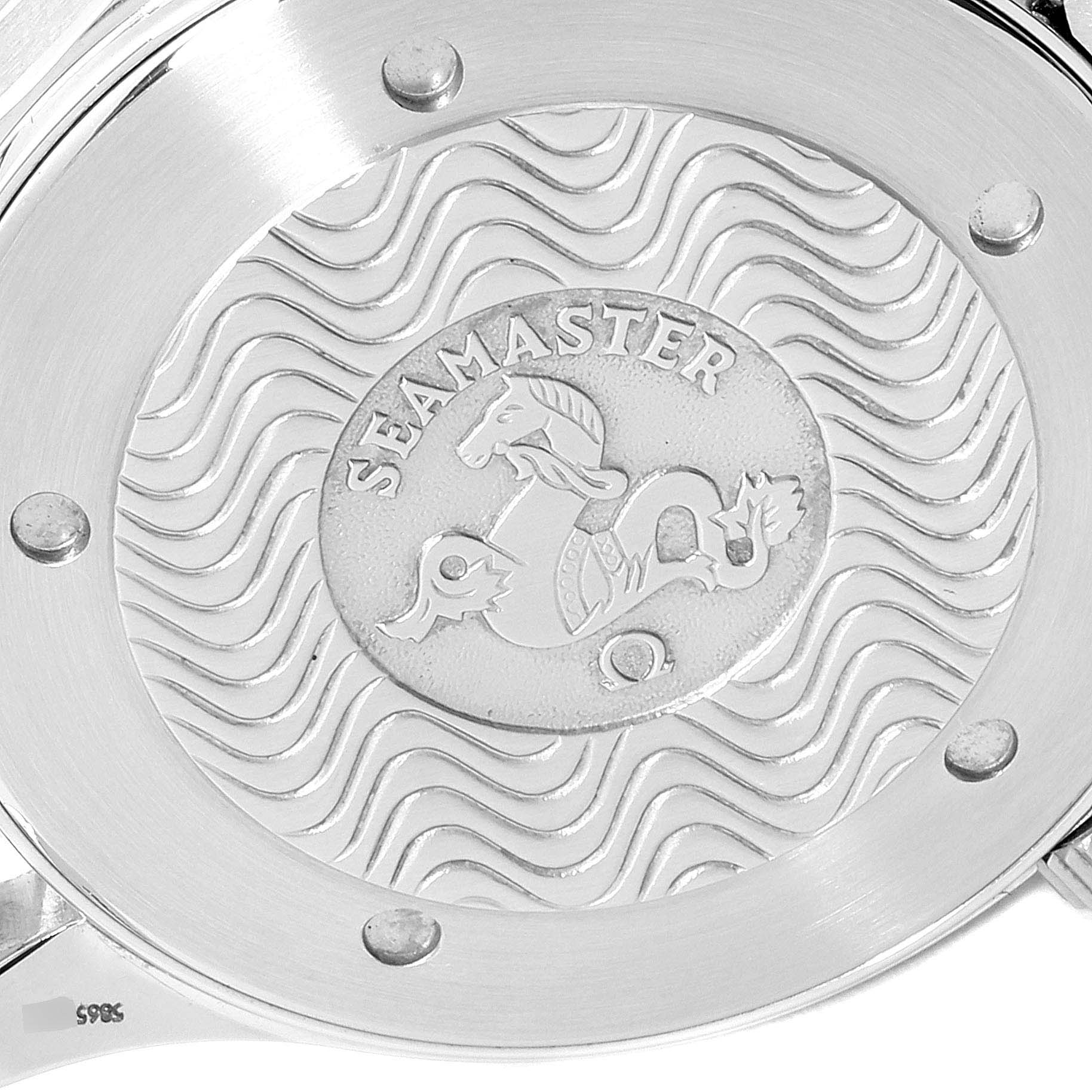 This image shows the engraved case back of an Omega Seamaster 2264.50.00 Men
s Stainless Steel Black Dial 2264.50.00 Men
s Stainless Steel Black Dial watch at a close-up angle.