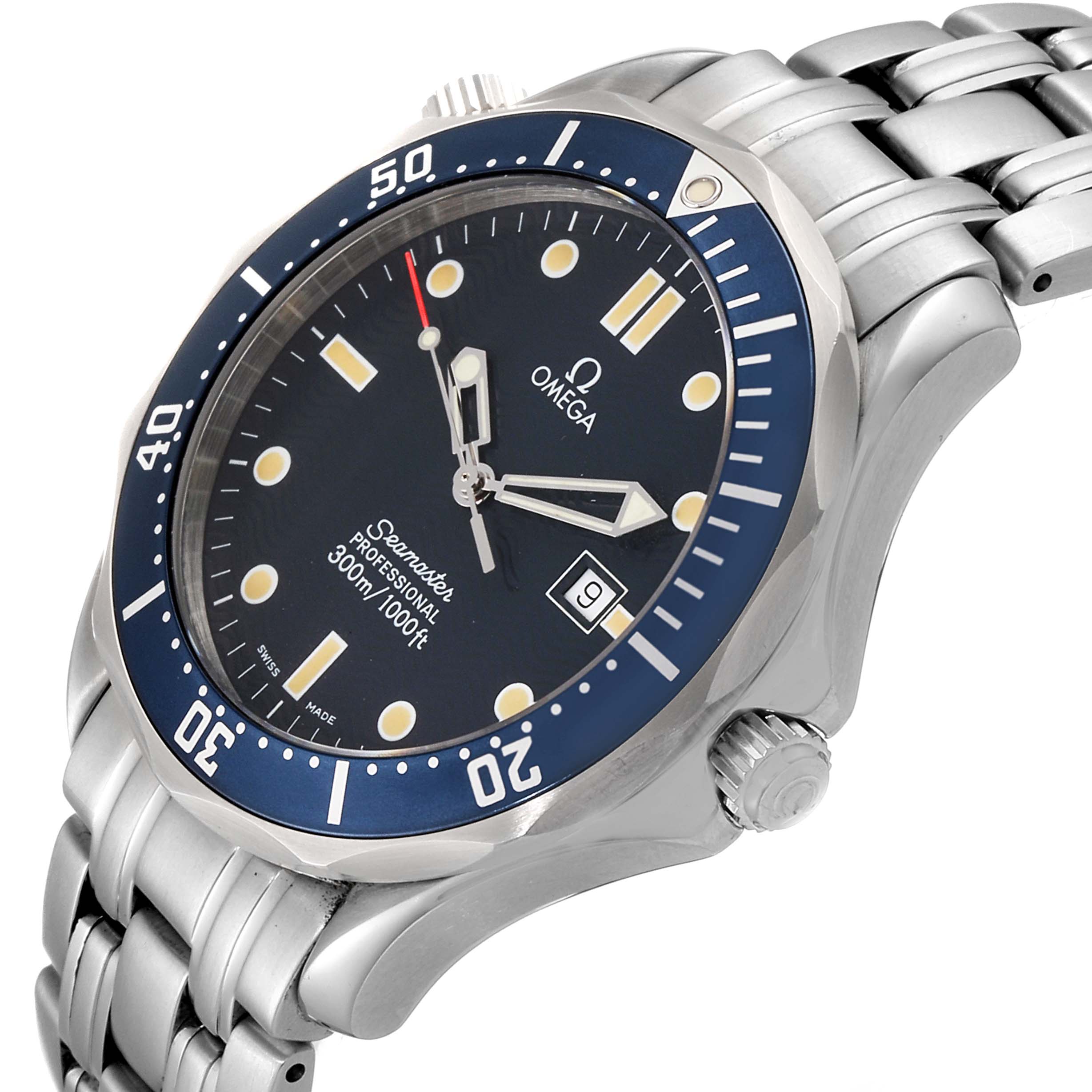 The Omega Seamaster 2541.80.00 Men
s Stainless Steel Blue Dial 2541.80.00 Men
s Stainless Steel Blue Dial watch is shown from a slightly tilted side angle, highlighting its face, crown, bezel, and part of the bracelet.