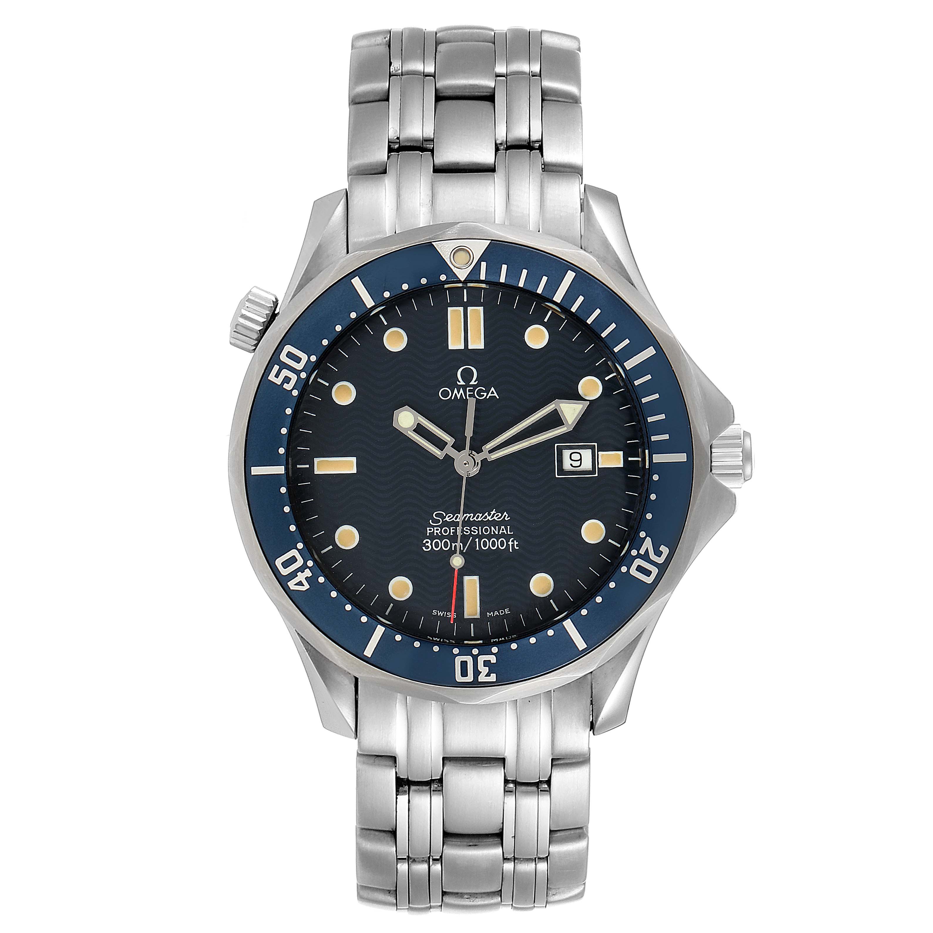 The Omega Seamaster 2541.80.00 Men
s Stainless Steel Blue Dial 2541.80.00 Men
s Stainless Steel Blue Dial watch is shown from the front, displaying the dial, bezel, crown, bracelet, and date function.