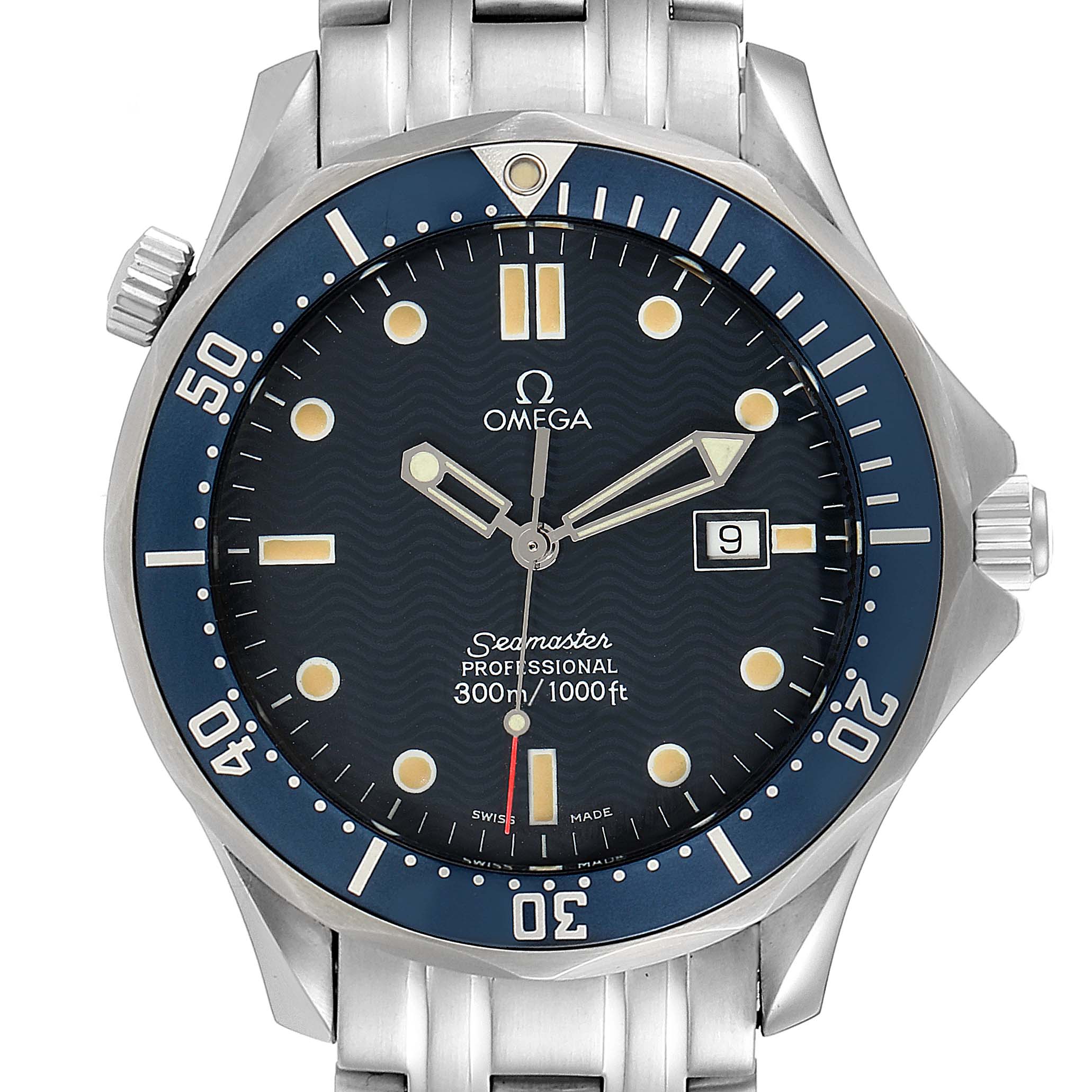 This image shows a front view of the Omega Seamaster 2541.80.00 Men
s Stainless Steel Blue Dial 2541.80.00 Men
s Stainless Steel Blue Dial watch, displaying the dial, bezel, and part of the bracelet.