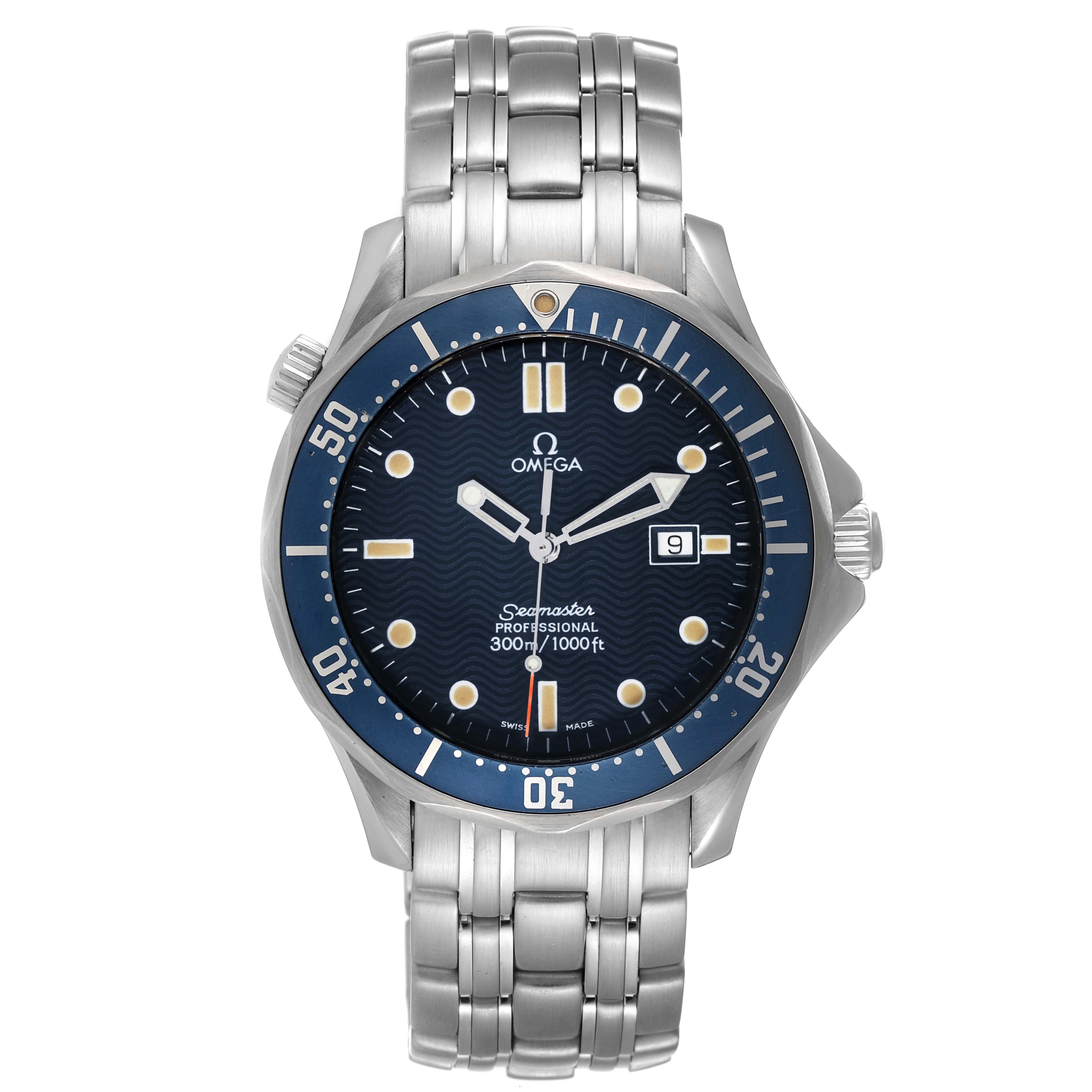 The Omega Seamaster 2541.80.00 Men's Stainless Steel Blue Dial 2541.80.00 Men's Stainless Steel Blue Dial watch is shown from a front angle, displaying its dial, bezel, bracelet, and crown.