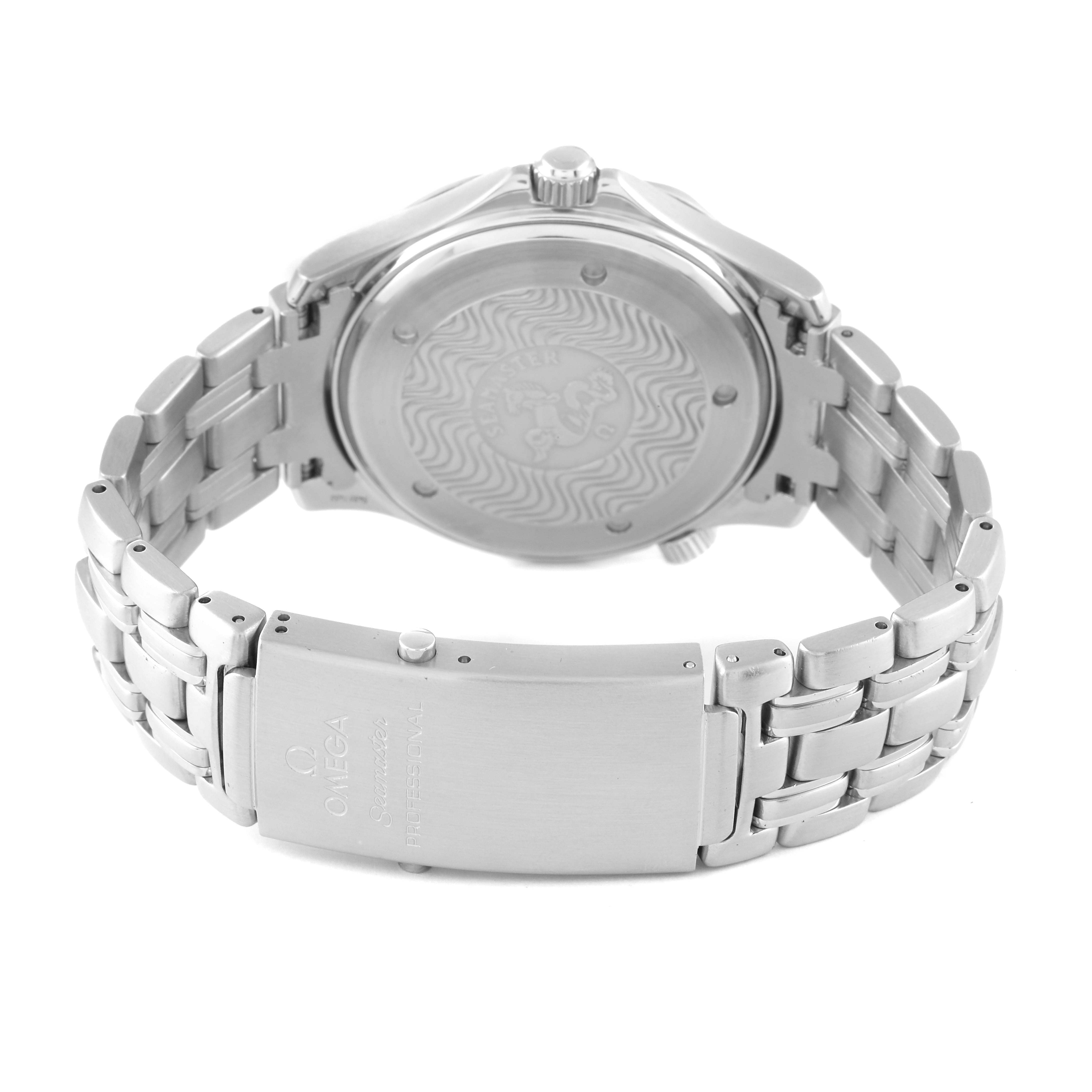 The image shows the back of the Omega Seamaster 2541.80.00 Men's Stainless Steel Blue Dial 2541.80.00 Men's Stainless Steel Blue Dial watch, including the bracelet and clasp.