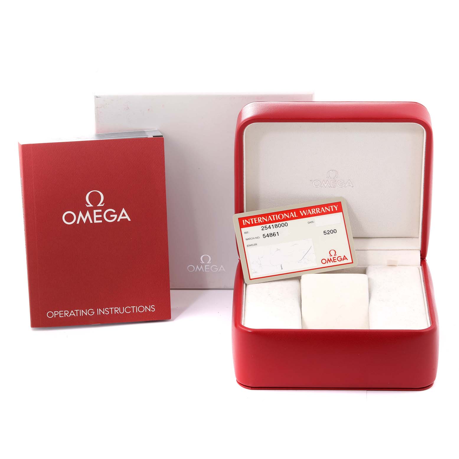 The image shows the Omega Seamaster 2541.80.00 Men's Stainless Steel Blue Dial 2541.80.00 Men's Stainless Steel Blue Dial's red watch box, operating instructions booklet, and international warranty card.