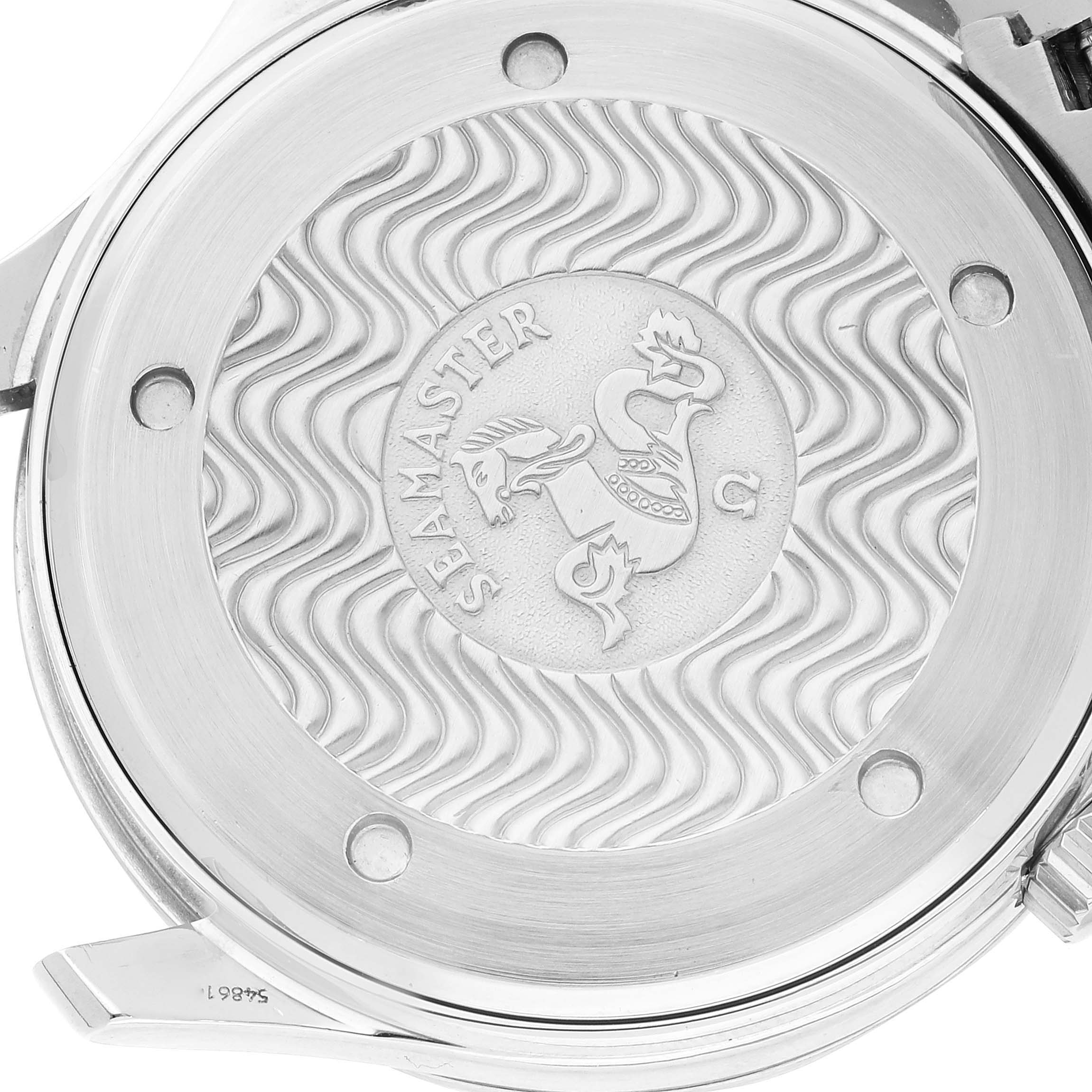 The image shows the case back of an Omega Seamaster 2541.80.00 Men's Stainless Steel Blue Dial 2541.80.00 Men's Stainless Steel Blue Dial watch with its intricate engravings and branding.