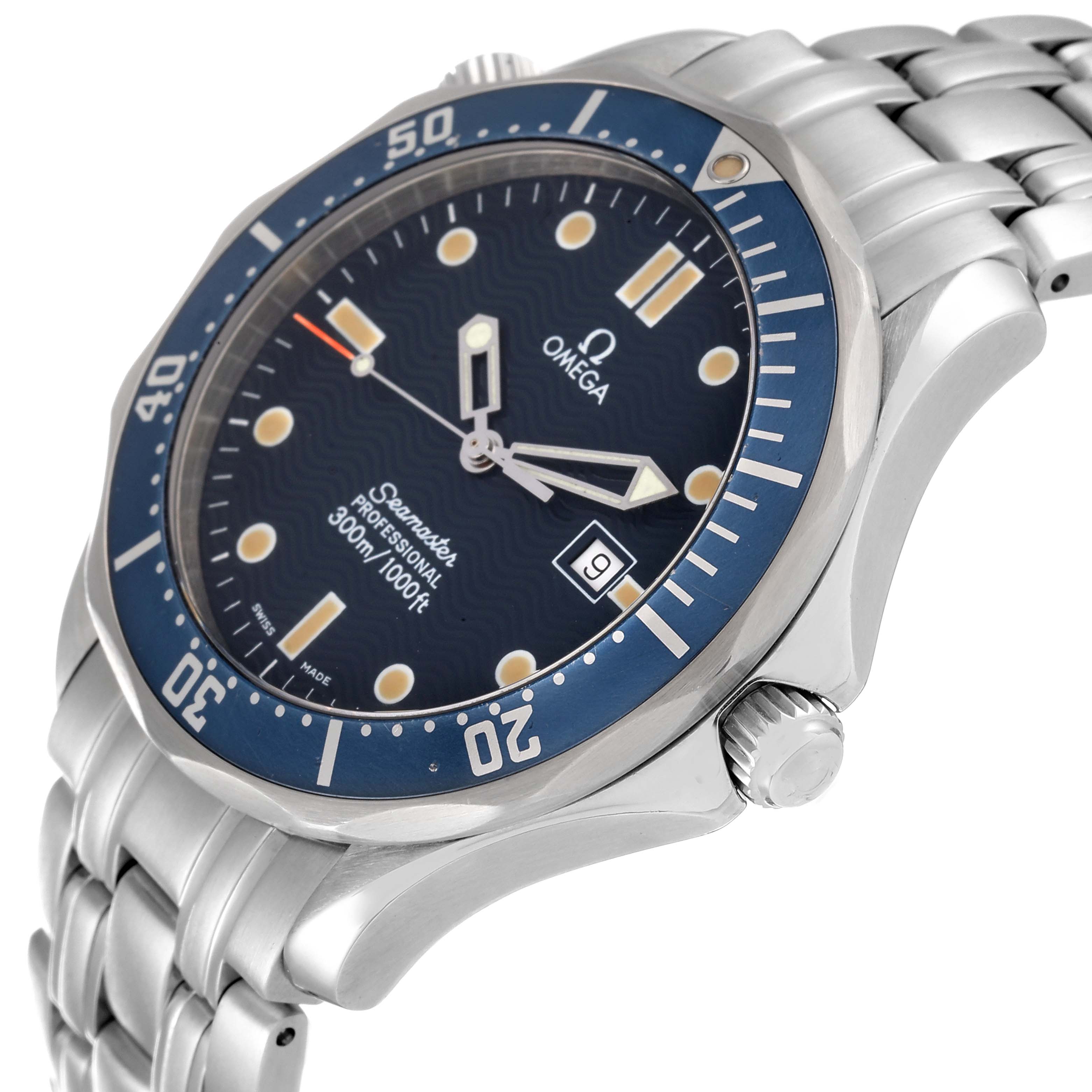 The image shows an angled side view of an Omega Seamaster 2541.80.00 Men's Stainless Steel Blue Dial 2541.80.00 Men's Stainless Steel Blue Dial watch, highlighting its bezel, dial, crown, and metal bracelet.