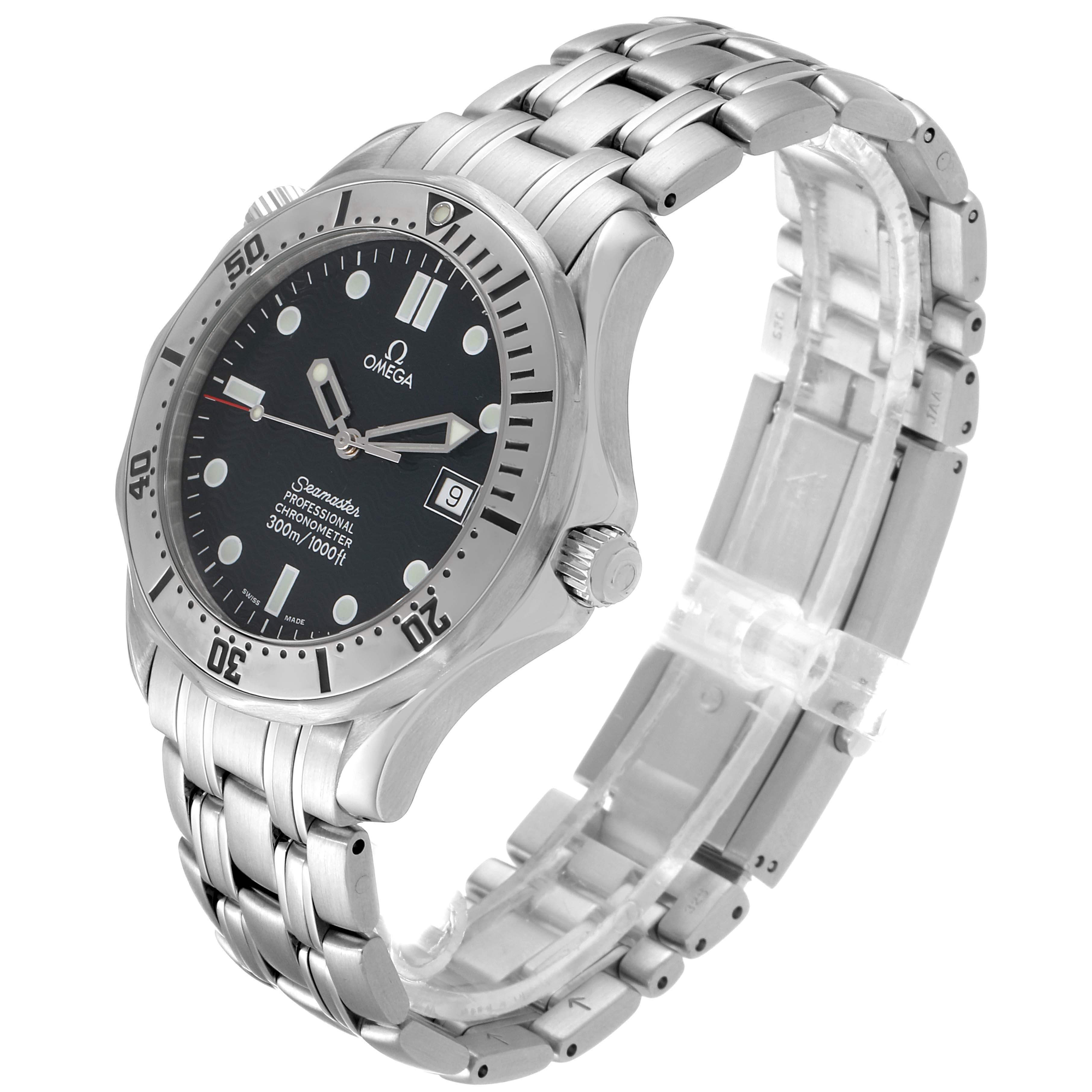 This image shows an Omega Seamaster 2532.80.00 Men
s Stainless Steel Blue Dial 2532.80.00 Men
s Stainless Steel Blue Dial watch angled from the front-right, displaying its black dial, bezel, crown, and metal bracelet.