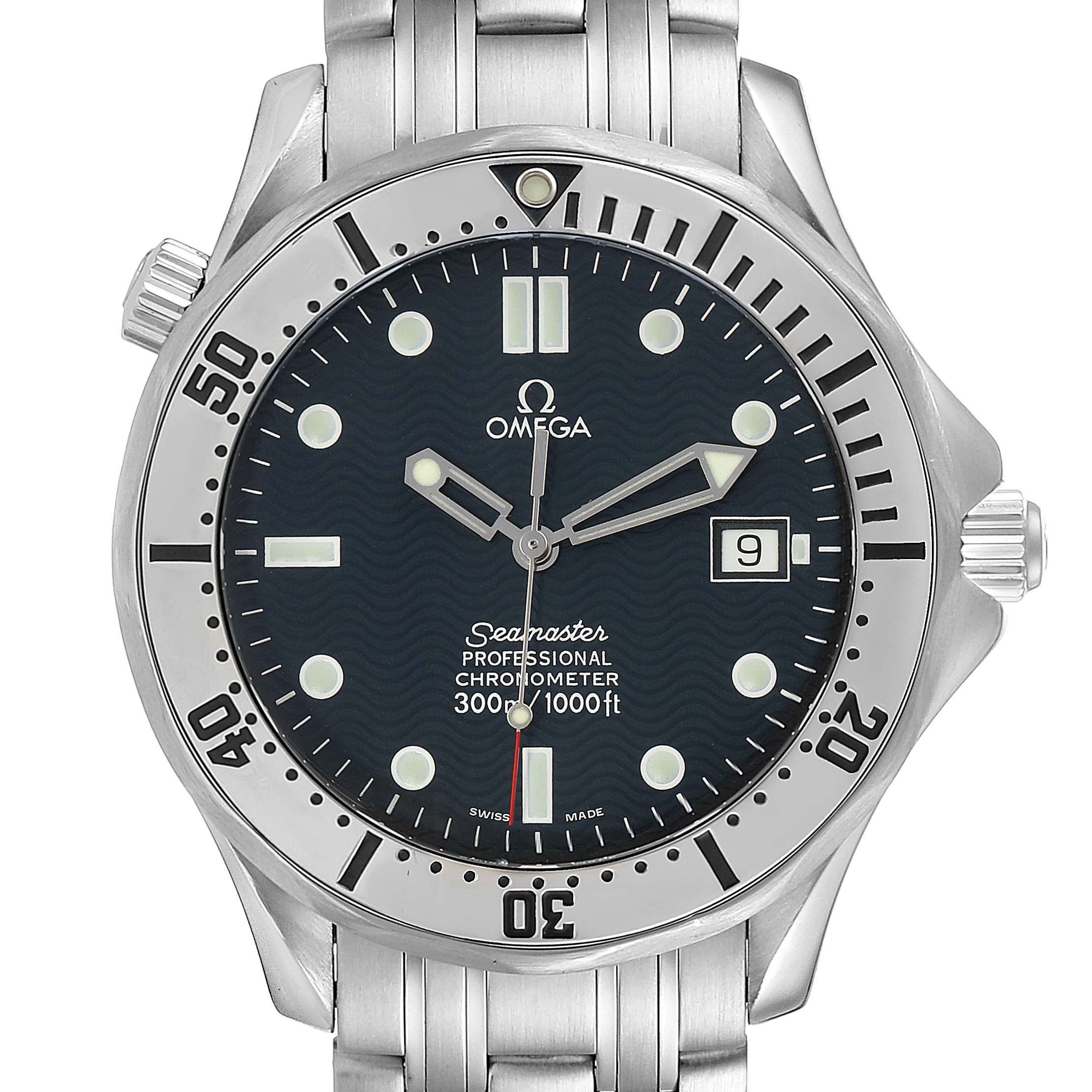 The Omega Seamaster 2532.80.00 Men
s Stainless Steel Blue Dial 2532.80.00 Men
s Stainless Steel Blue Dial watch is shown from a straight-on angle displaying the face, bezel, and part of the metal bracelet.