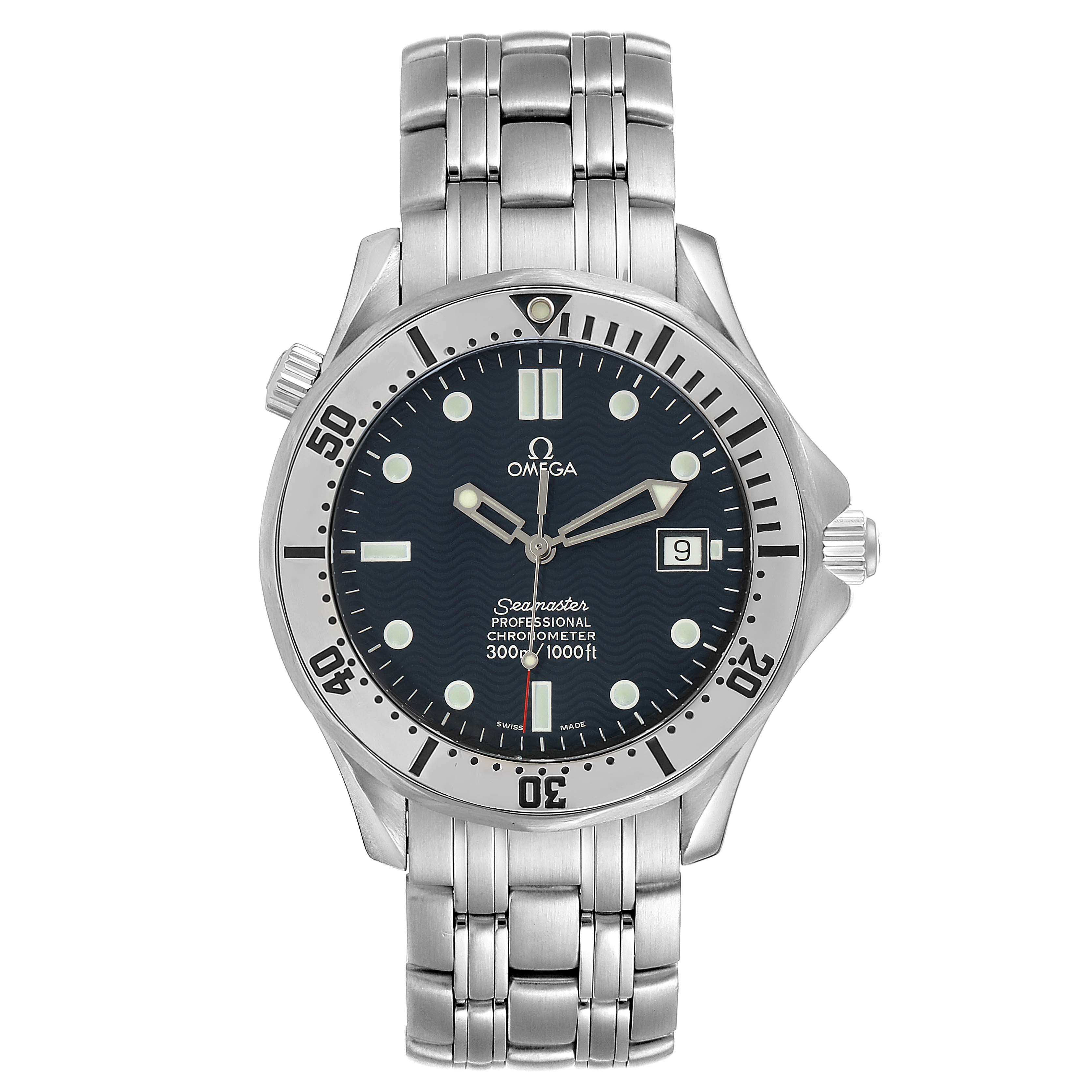 This is a front view of the Omega Seamaster 2532.80.00 Men
s Stainless Steel Blue Dial 2532.80.00 Men
s Stainless Steel Blue Dial watch showing the face, bezel, dial, and bracelet.