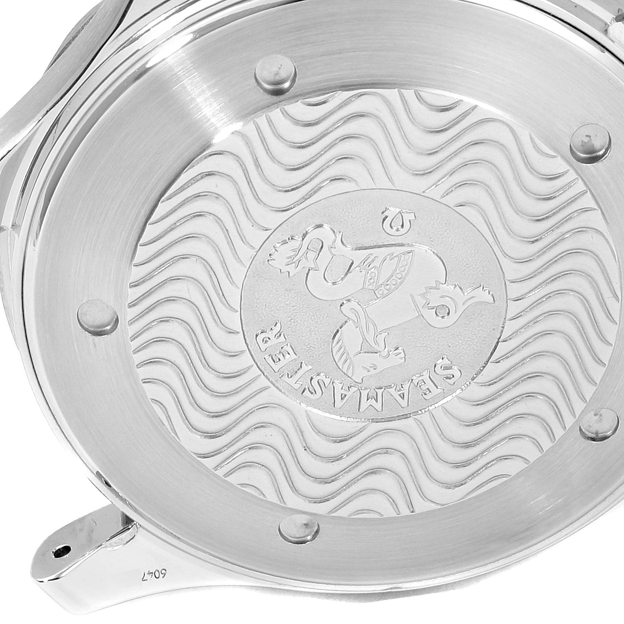 The image shows the case back of an Omega Seamaster 2532.80.00 Men
s Stainless Steel Blue Dial 2532.80.00 Men
s Stainless Steel Blue Dial watch from an angled top-down perspective.