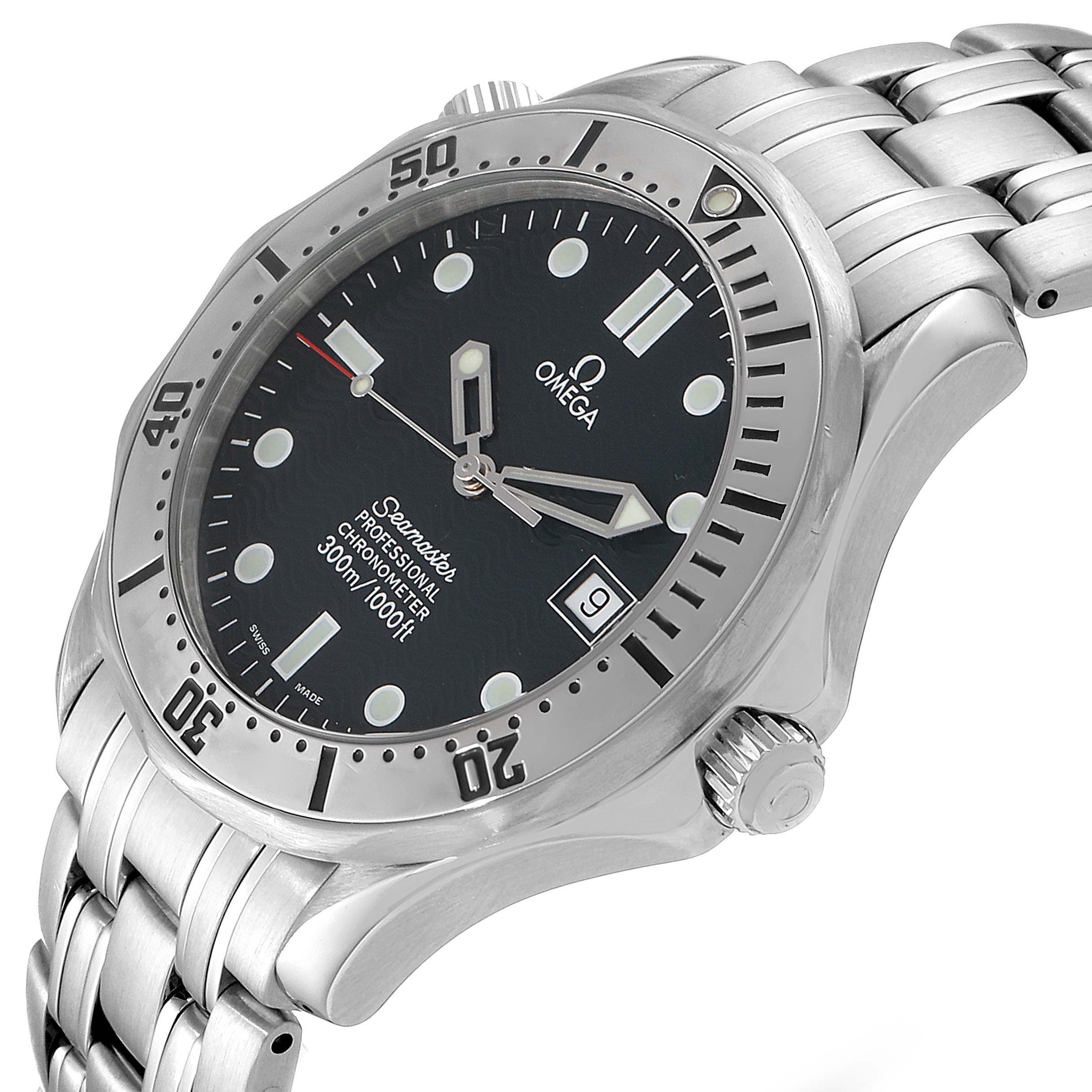 The Omega Seamaster 2532.80.00 Men
s Stainless Steel Blue Dial 2532.80.00 Men
s Stainless Steel Blue Dial watch is shown at a slight angle, highlighting the dial, bezel, crown, and bracelet.