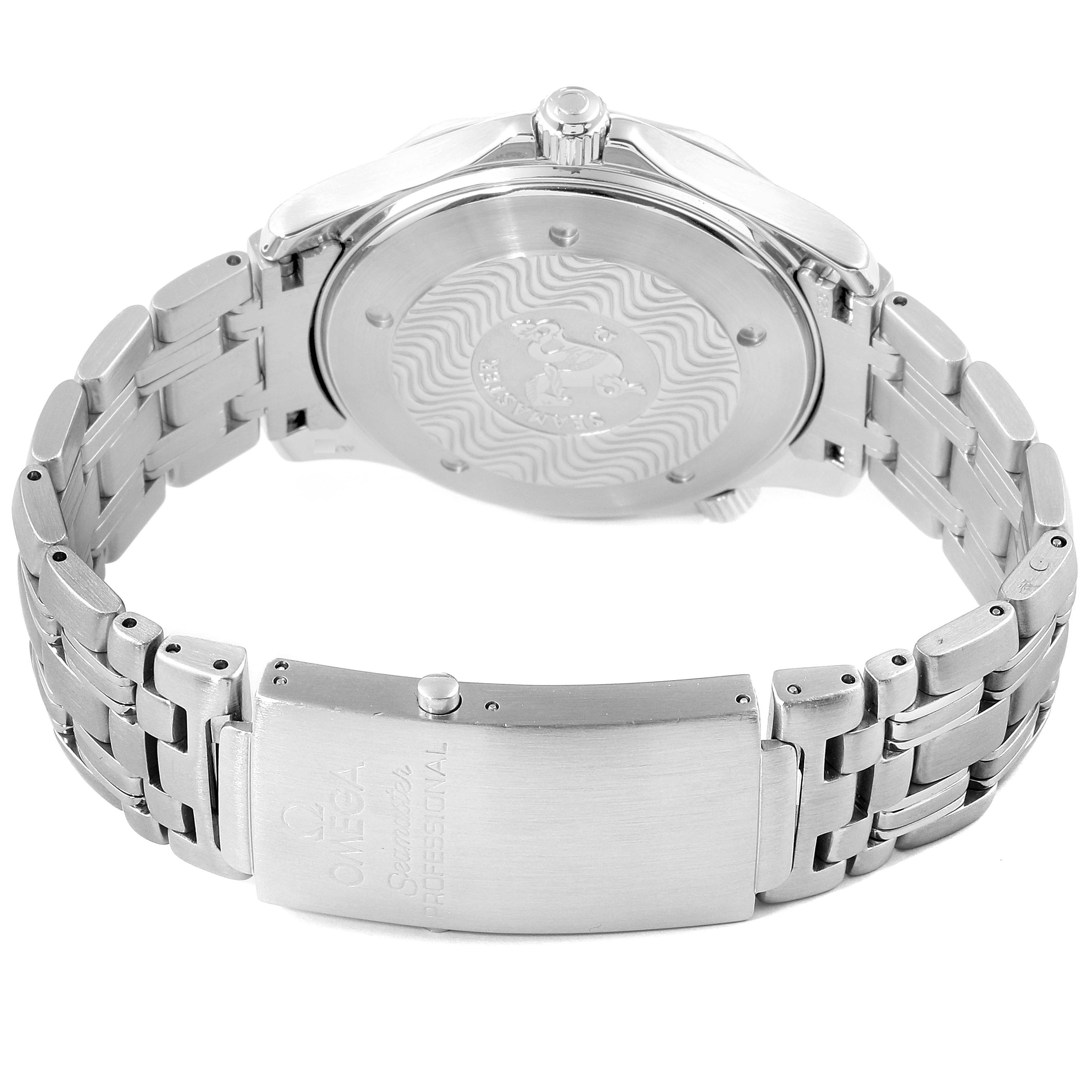 The image shows the back case and bracelet of an Omega Seamaster 2532.80.00 Men
s Stainless Steel Blue Dial 2532.80.00 Men
s Stainless Steel Blue Dial watch, highlighting the clasp and engraved case back.