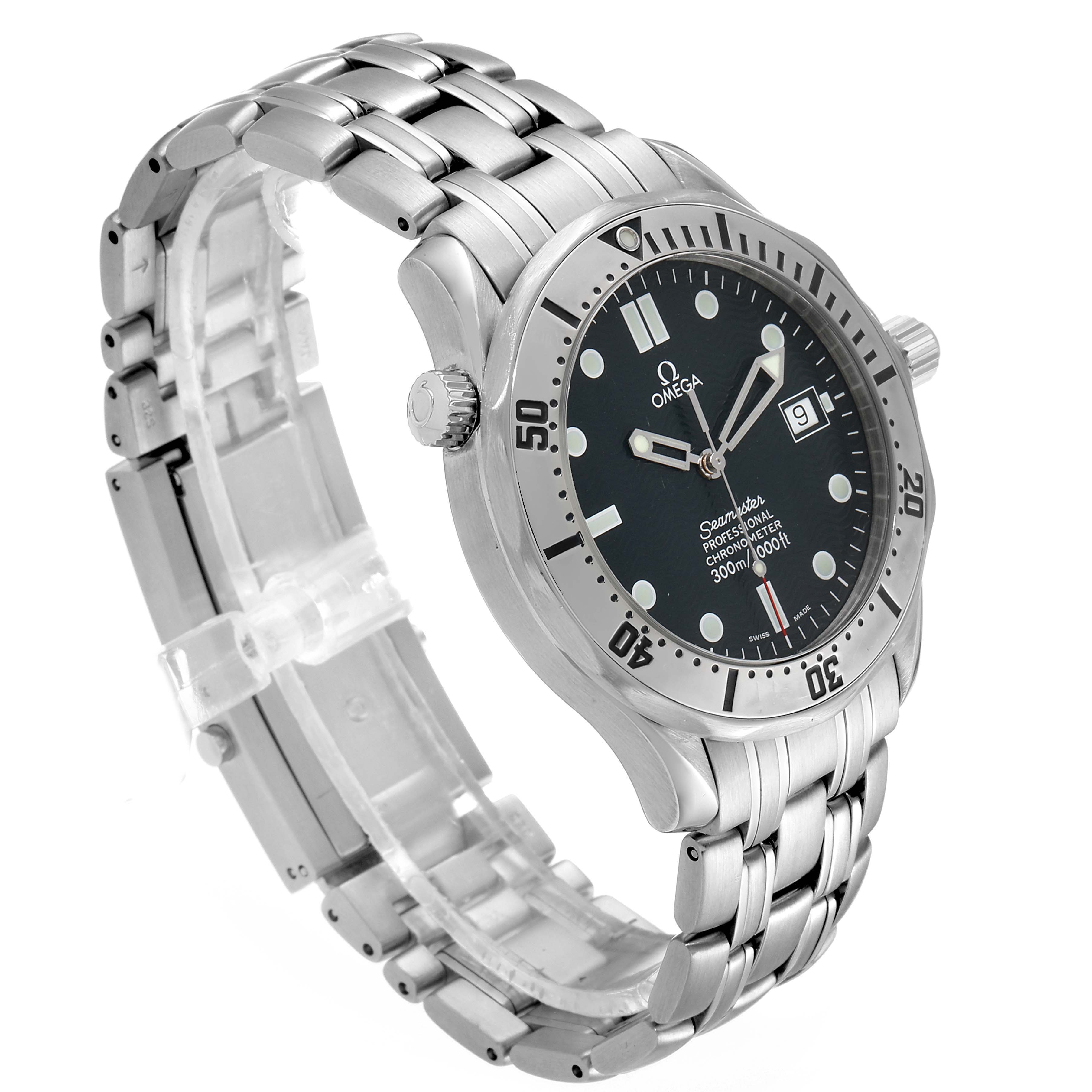 The image shows an angled view of an Omega Seamaster 2532.80.00 Men
s Stainless Steel Blue Dial 2532.80.00 Men
s Stainless Steel Blue Dial watch, highlighting the face, bezel, crown, and metal bracelet.