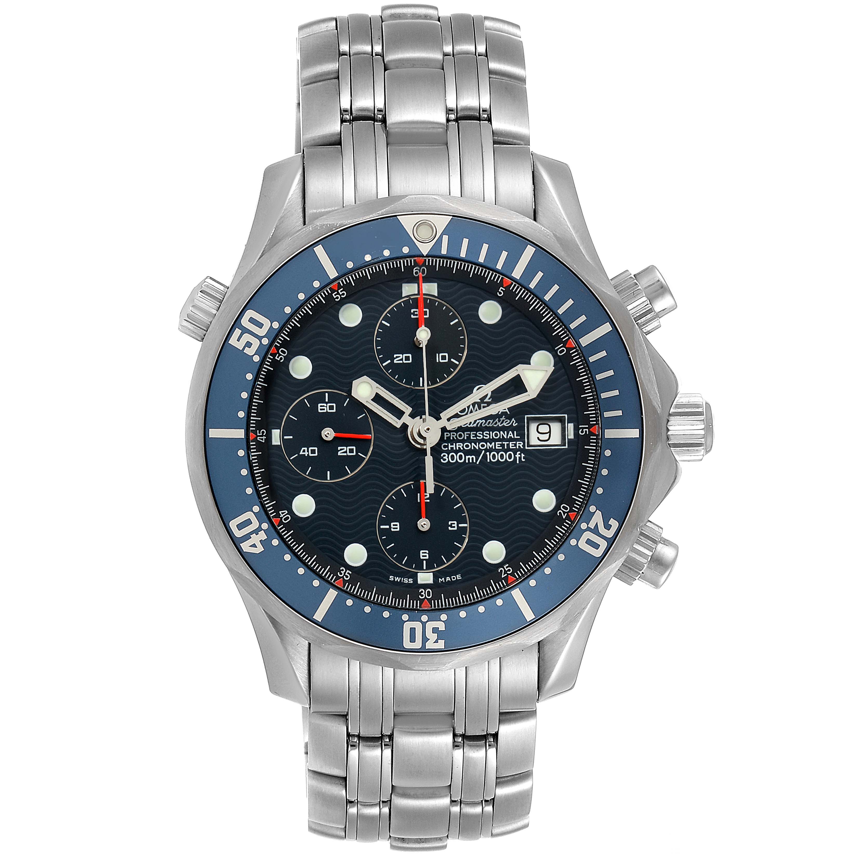 The image shows a front view of the Omega Seamaster 2599.80.00 Men
s Stainless Steel Blue Dial 2599.80.00 Men
s Stainless Steel Blue Dial watch, detailing the face, bezel, subdials, and metal bracelet.