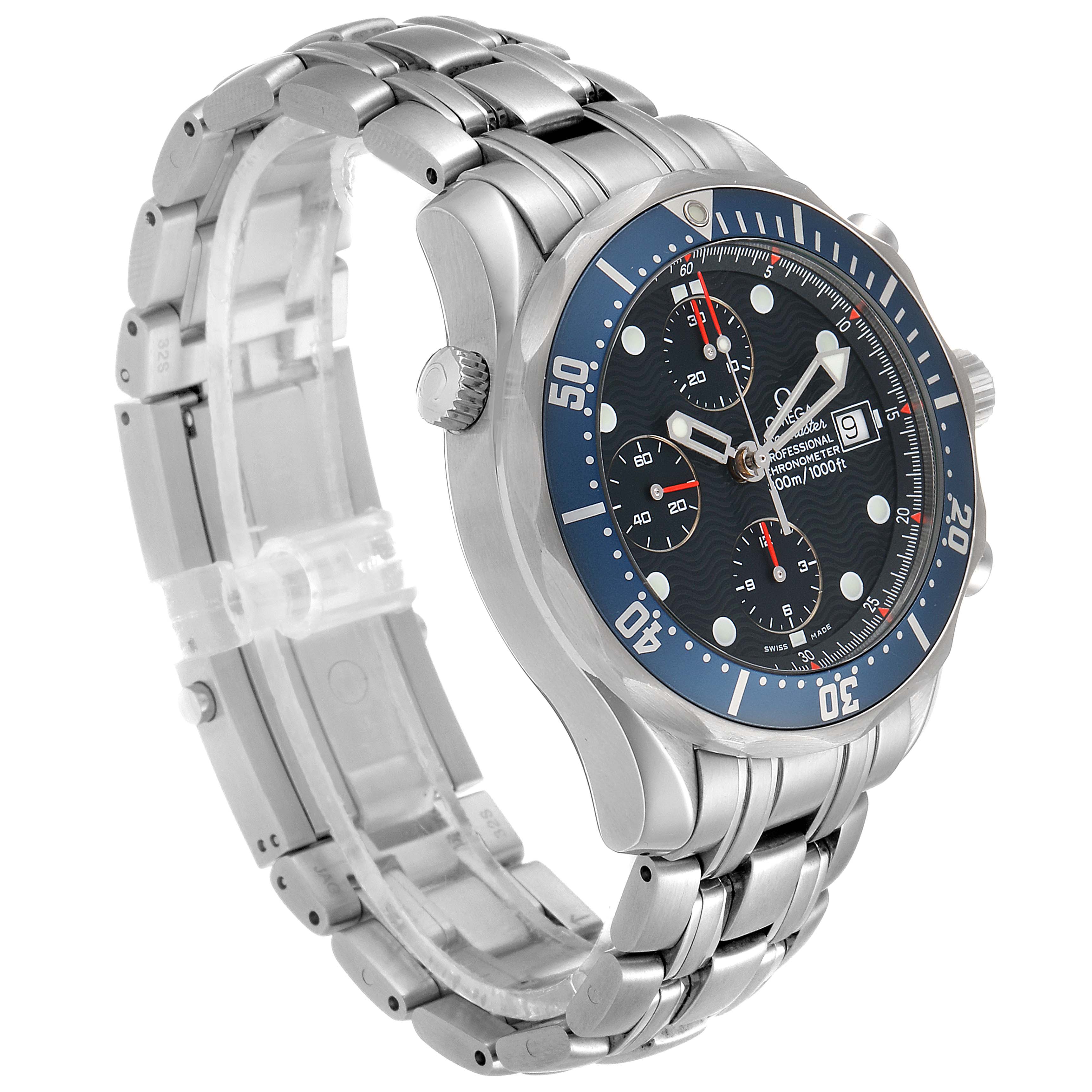 The Omega Seamaster 2599.80.00 Men
s Stainless Steel Blue Dial 2599.80.00 Men
s Stainless Steel Blue Dial watch is shown at a three-quarter angle, revealing its face, bezel, crown, and stainless steel bracelet.