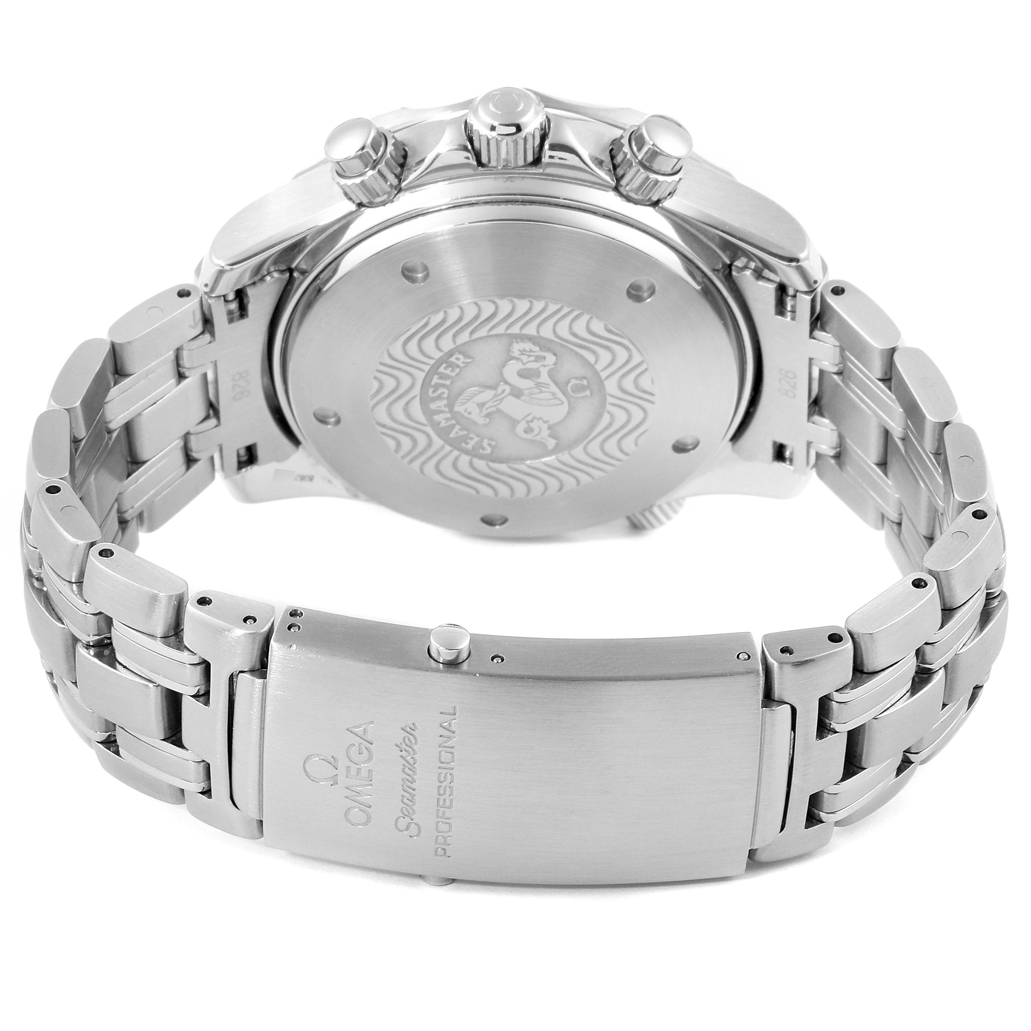 This image shows the back case, bracelet, and clasp of an Omega Seamaster 2599.80.00 Men
s Stainless Steel Blue Dial 2599.80.00 Men
s Stainless Steel Blue Dial watch, highlighting the engraved details.