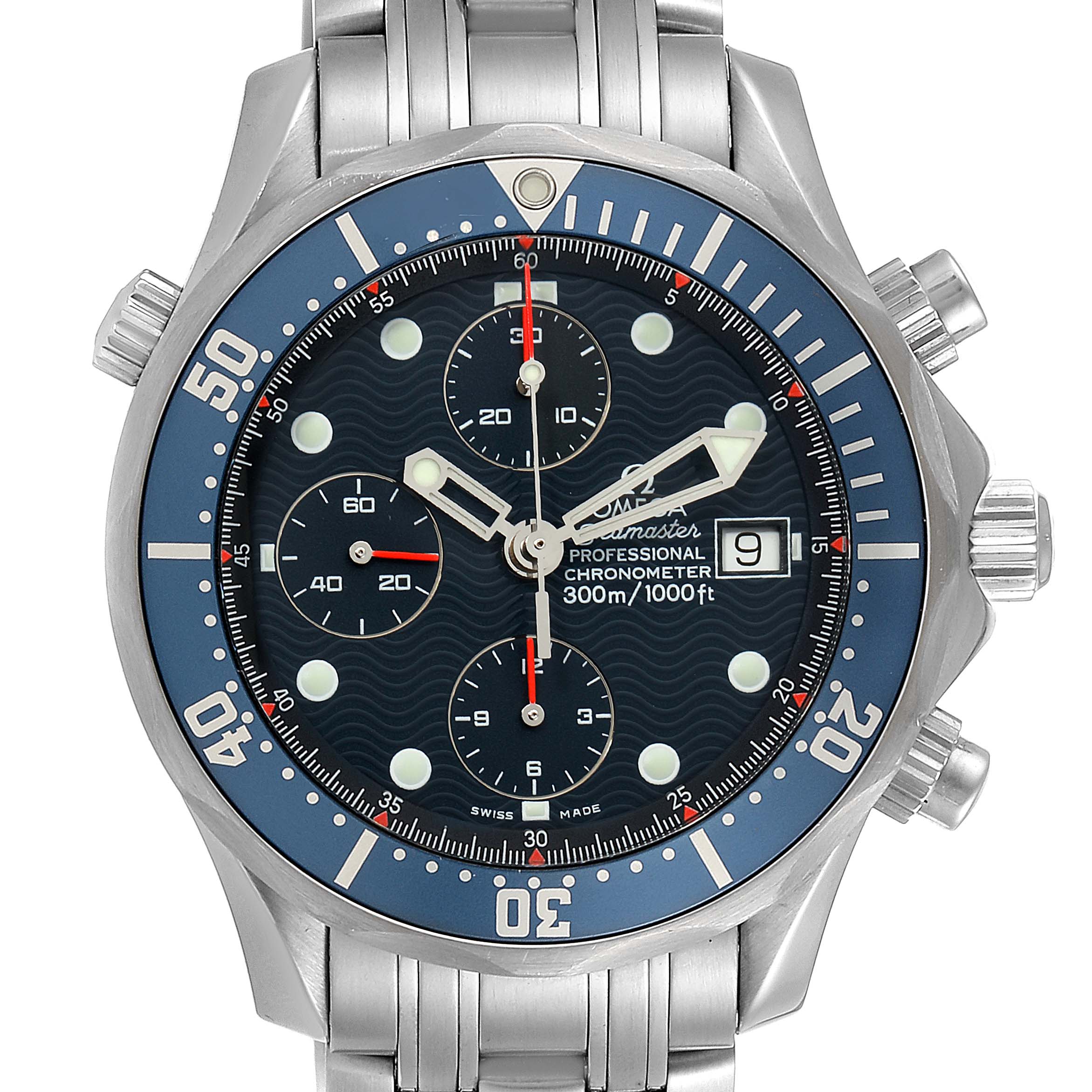 The image shows a frontal view of the Omega Seamaster 2599.80.00 Men
s Stainless Steel Blue Dial 2599.80.00 Men
s Stainless Steel Blue Dial chronometer with a blue bezel and multiple subdials.