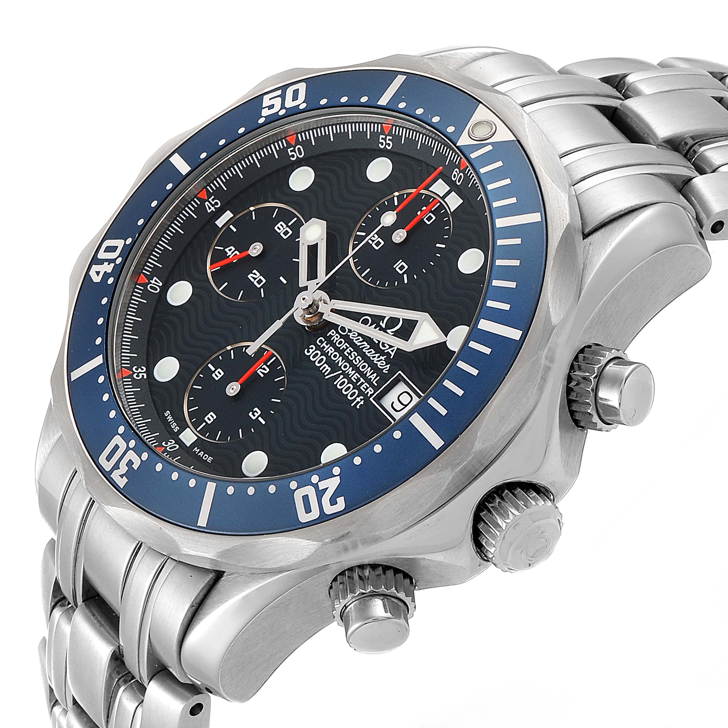 The image shows a front angled view of the Omega Seamaster 2599.80.00 Men
s Stainless Steel Blue Dial 2599.80.00 Men
s Stainless Steel Blue Dial watch, highlighting the case, bezel, dial, and chronograph pushers.