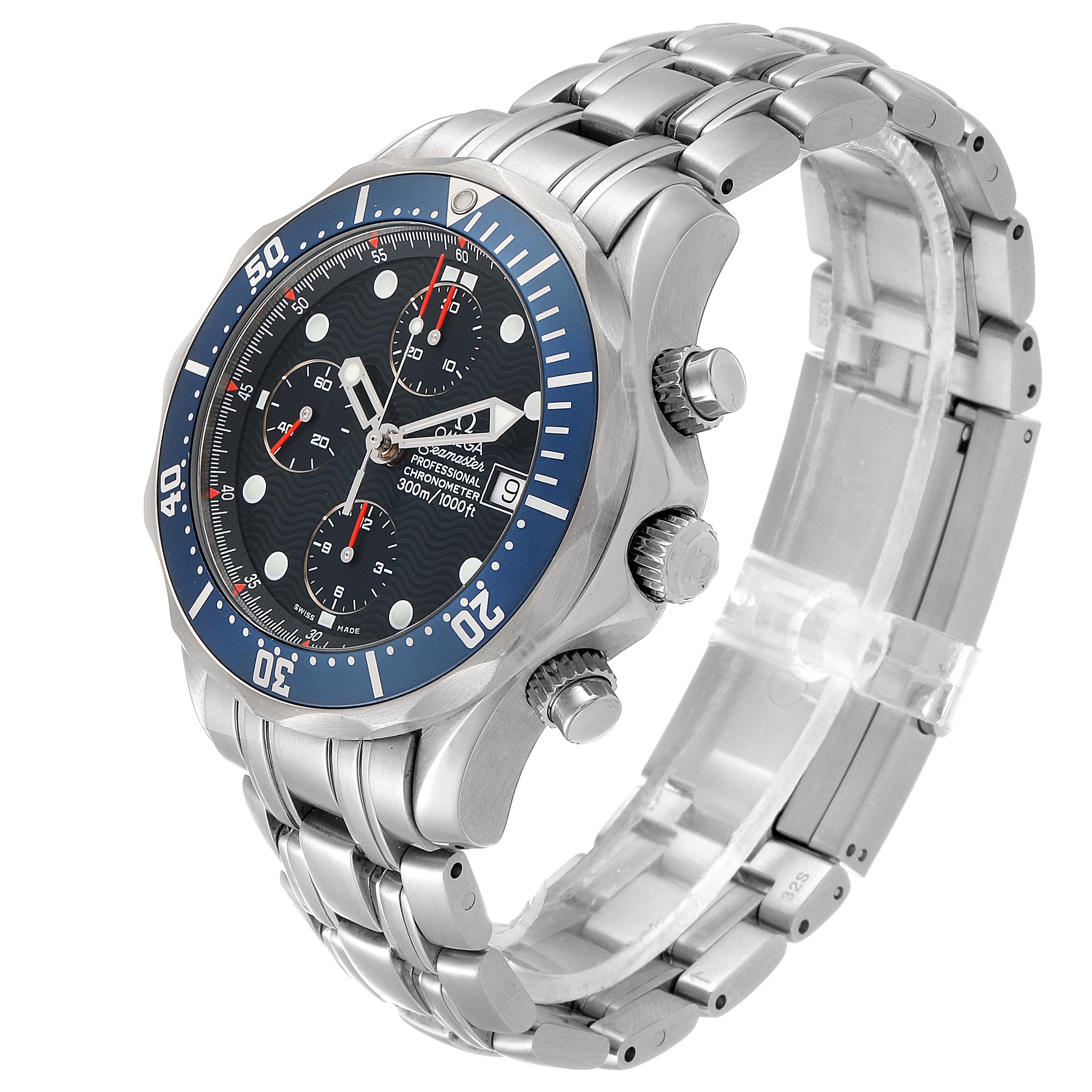 The Omega Seamaster 2599.80.00 Men
s Stainless Steel Blue Dial 2599.80.00 Men
s Stainless Steel Blue Dial watch is shown at an angle highlighting the face, bezel, crown, and stainless steel bracelet.