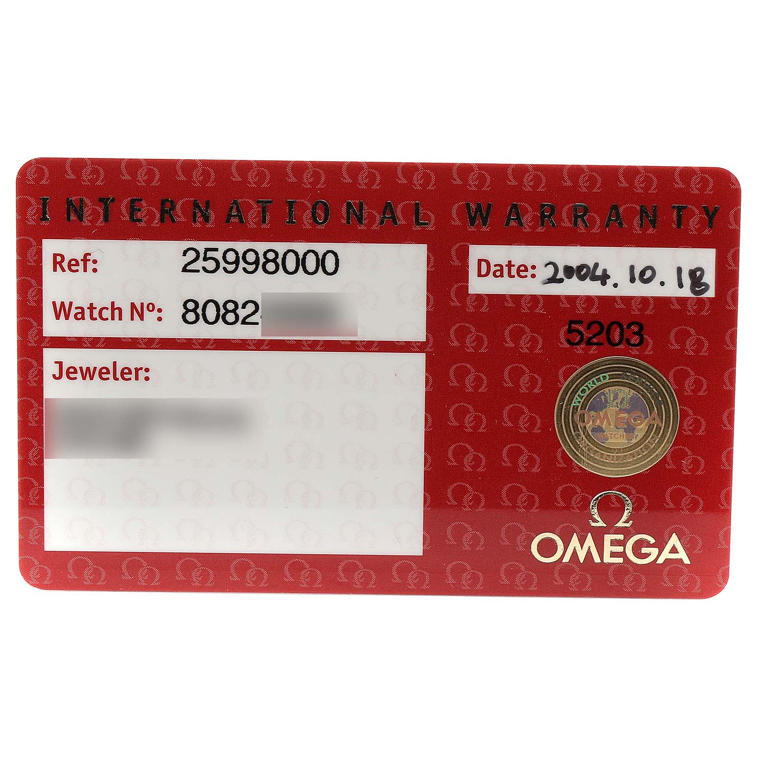 This image shows the International Warranty card for the Omega Seamaster 2599.80.00 Men
s Stainless Steel Blue Dial 2599.80.00 Men
s Stainless Steel Blue Dial model at a straight-on angle.