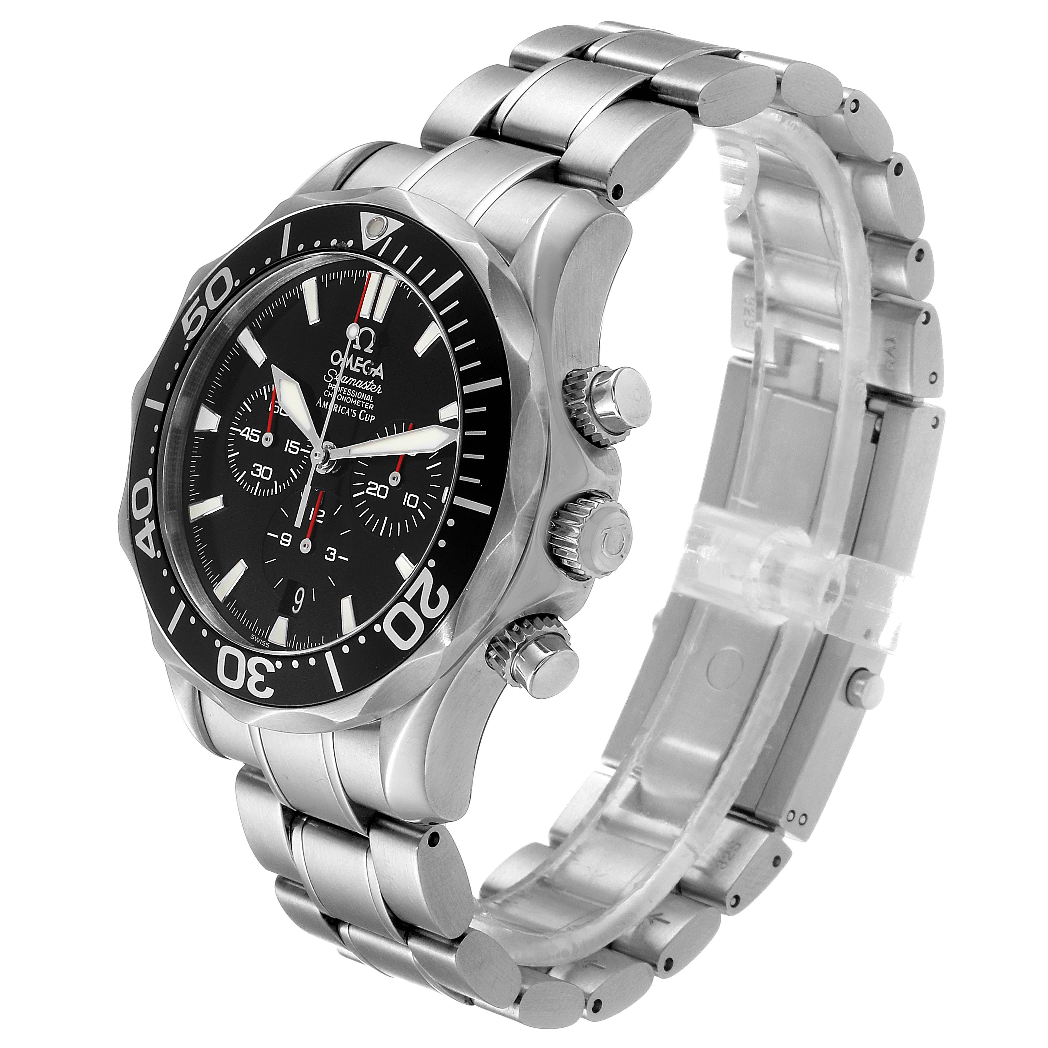 The image shows an Omega Seamaster 2594.52.00 Men
s Stainless Steel Black Dial 2594.52.00 Men
s Stainless Steel Black Dial watch from a 3/4 angle, highlighting the bezel, dial, pushers, and metal bracelet.
