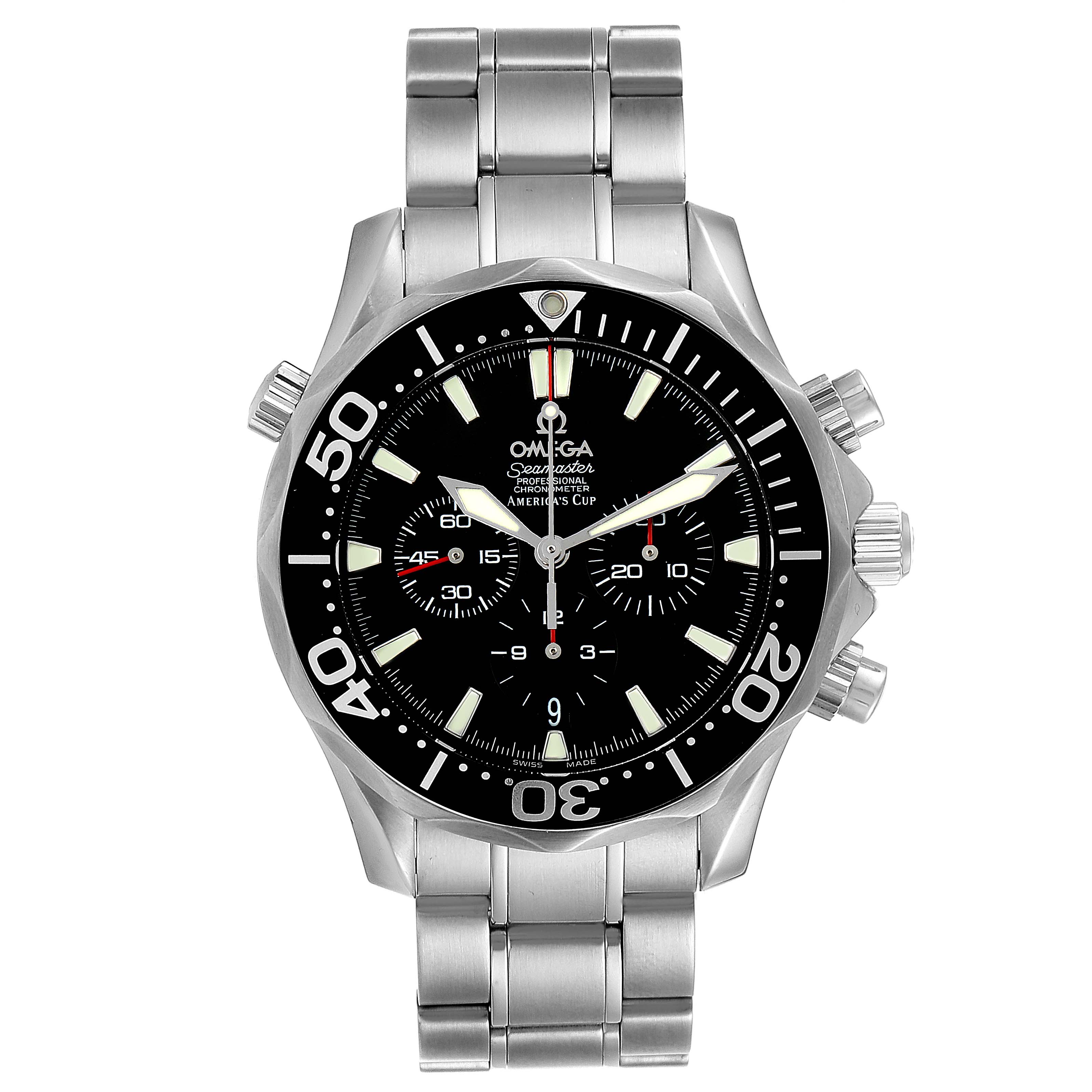 The image shows a front view of the Omega Seamaster 2594.52.00 Men
s Stainless Steel Black Dial 2594.52.00 Men
s Stainless Steel Black Dial watch, depicting the face, bezel, and metal bracelet.