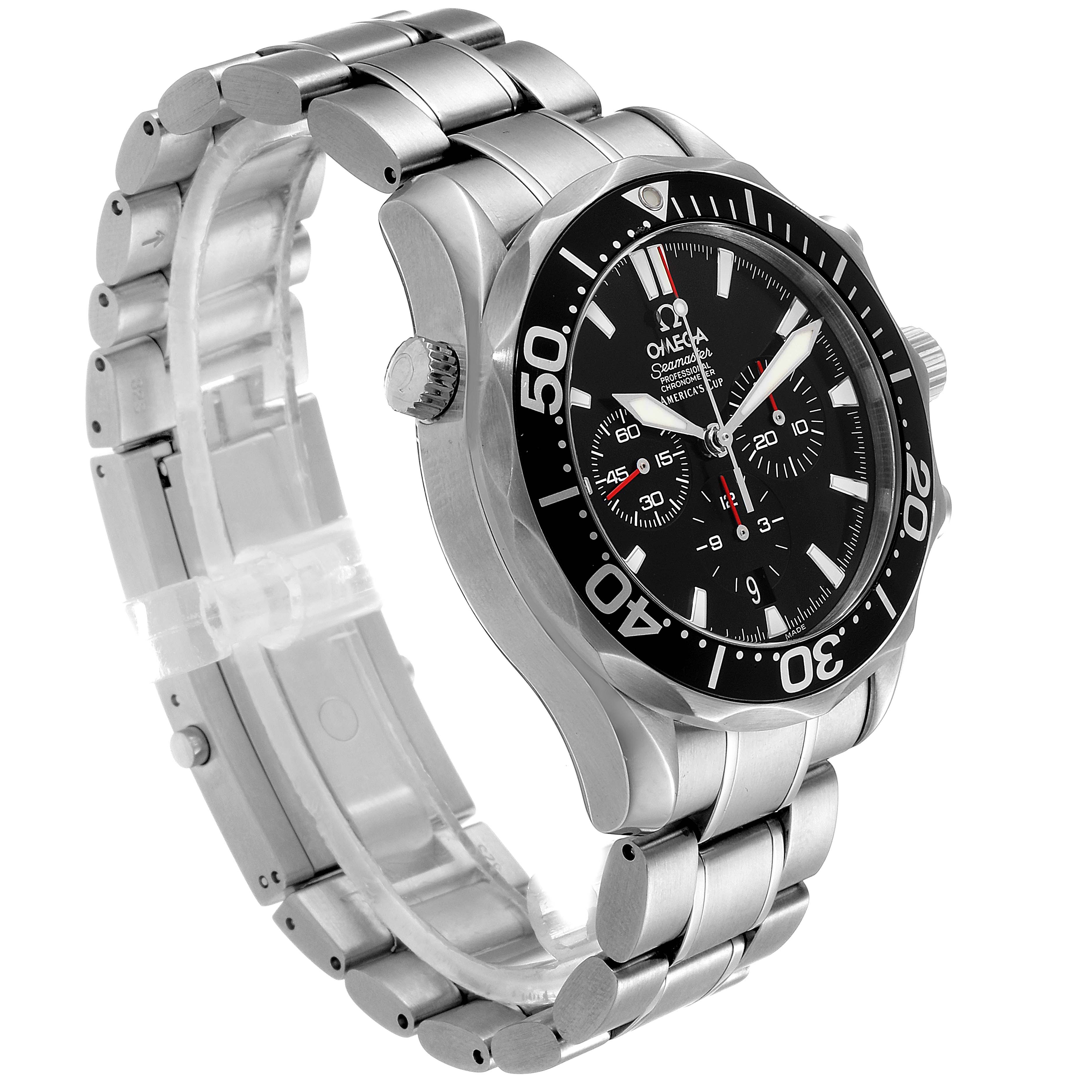 The Omega Seamaster 2594.52.00 Men
s Stainless Steel Black Dial 2594.52.00 Men
s Stainless Steel Black Dial watch is shown at an angle, highlighting its face, bezel, case, and part of the stainless steel bracelet.