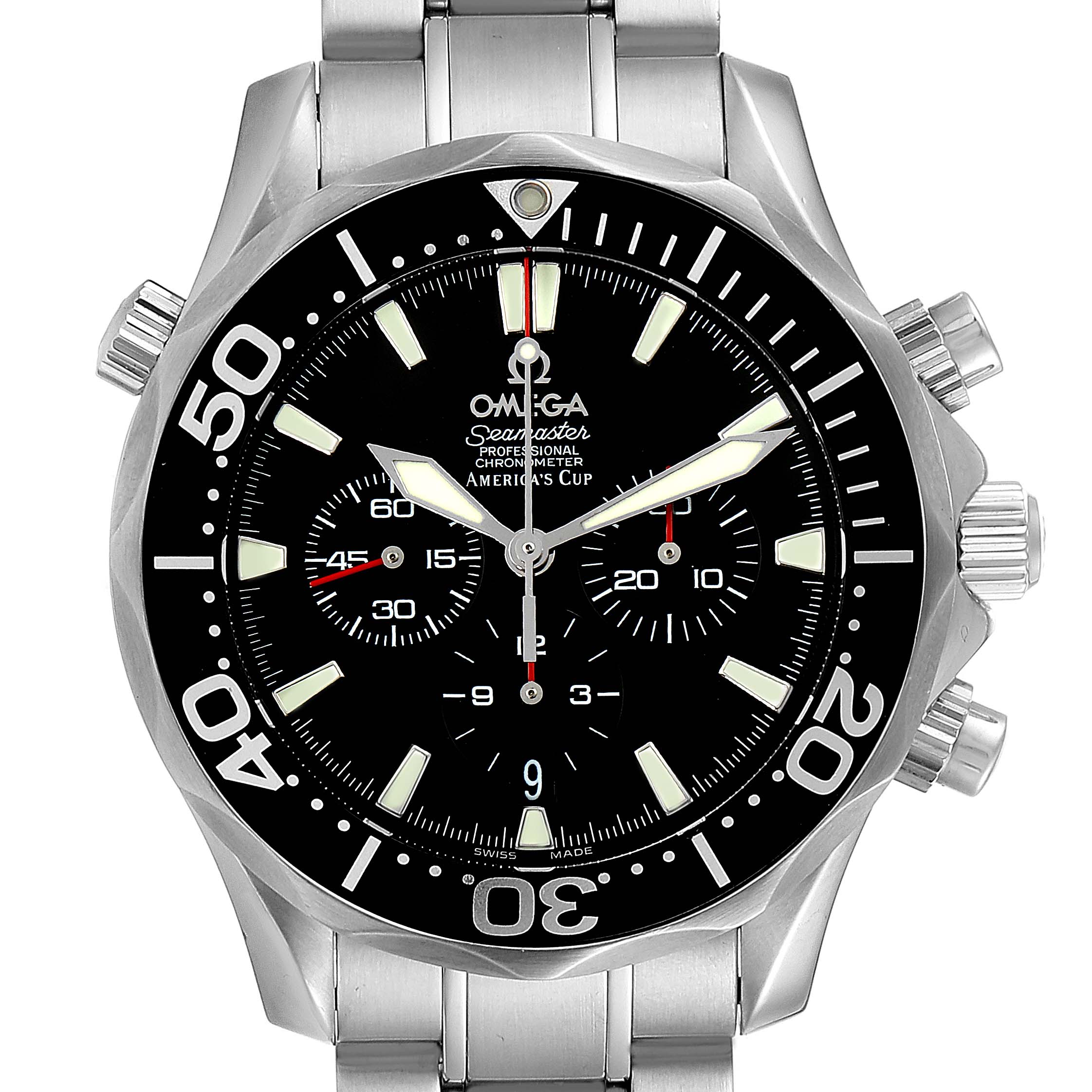 The image shows a close-up of the Omega Seamaster 2594.52.00 Men
s Stainless Steel Black Dial 2594.52.00 Men
s Stainless Steel Black Dial watch face, including the bezel, dial, hands, and chronograph pushers.