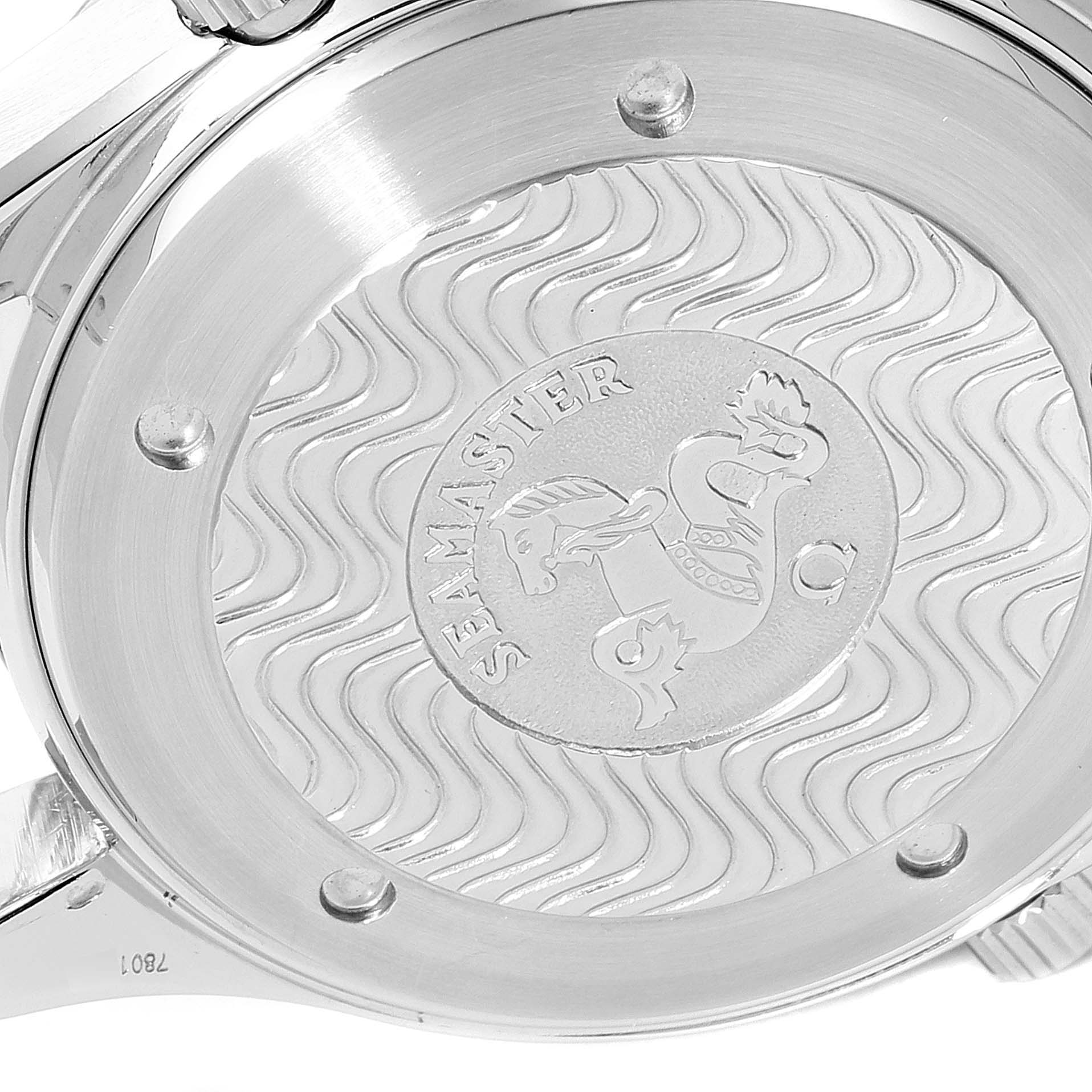 This image shows the case back of an Omega Seamaster 2594.52.00 Men
s Stainless Steel Black Dial 2594.52.00 Men
s Stainless Steel Black Dial watch with its engraved logo and wave pattern.