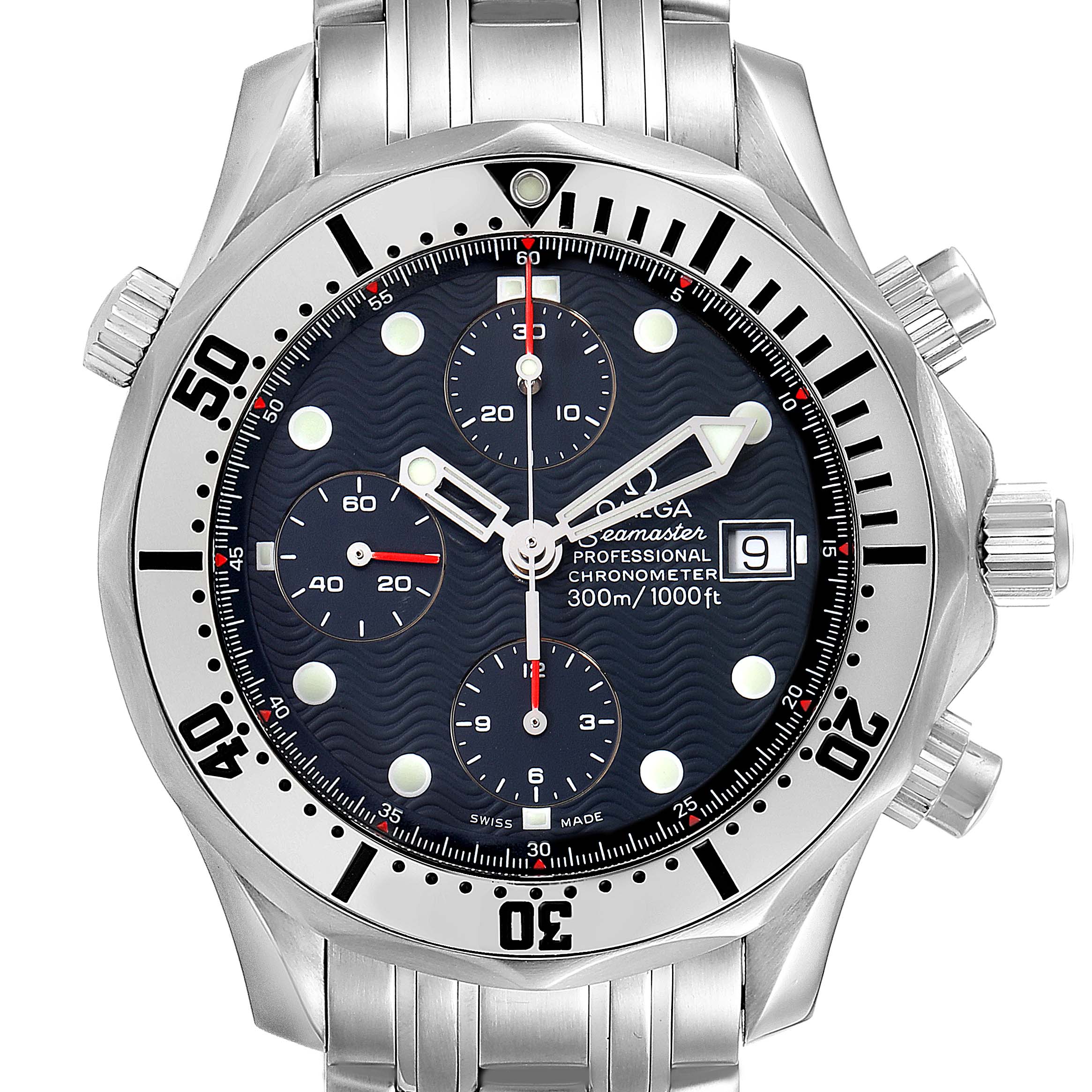 This is a front view of the Omega Seamaster 2598.80.00 Men
s Stainless Steel Blue Dial 2598.80.00 Men
s Stainless Steel Blue Dial watch, showing the dial, bezel, crown, pushers, and part of the bracelet.