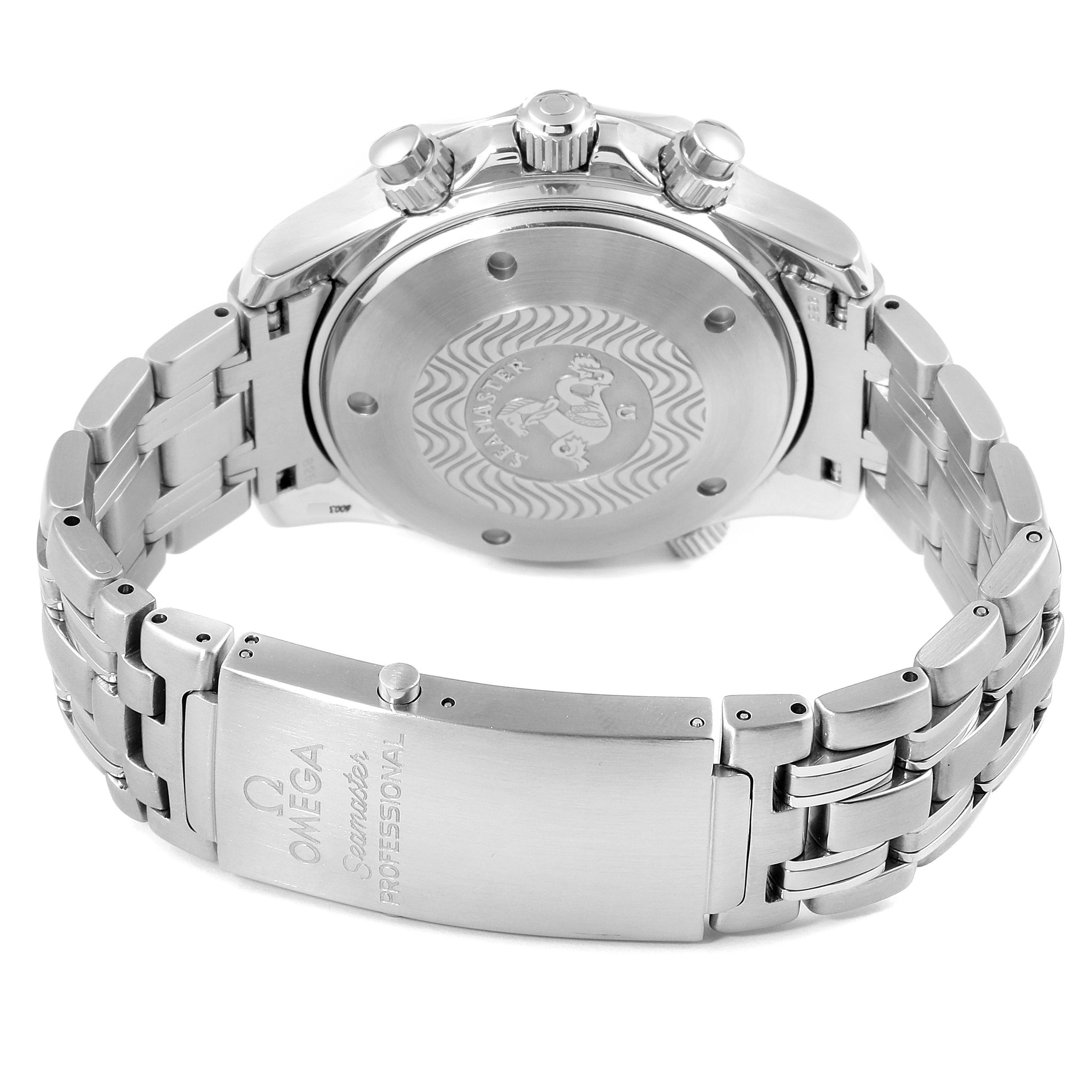 The image shows the back case and clasp of an Omega Seamaster 2598.80.00 Men
s Stainless Steel Blue Dial 2598.80.00 Men
s Stainless Steel Blue Dial watch, focusing on its intricate engravings and stainless steel bracelet.