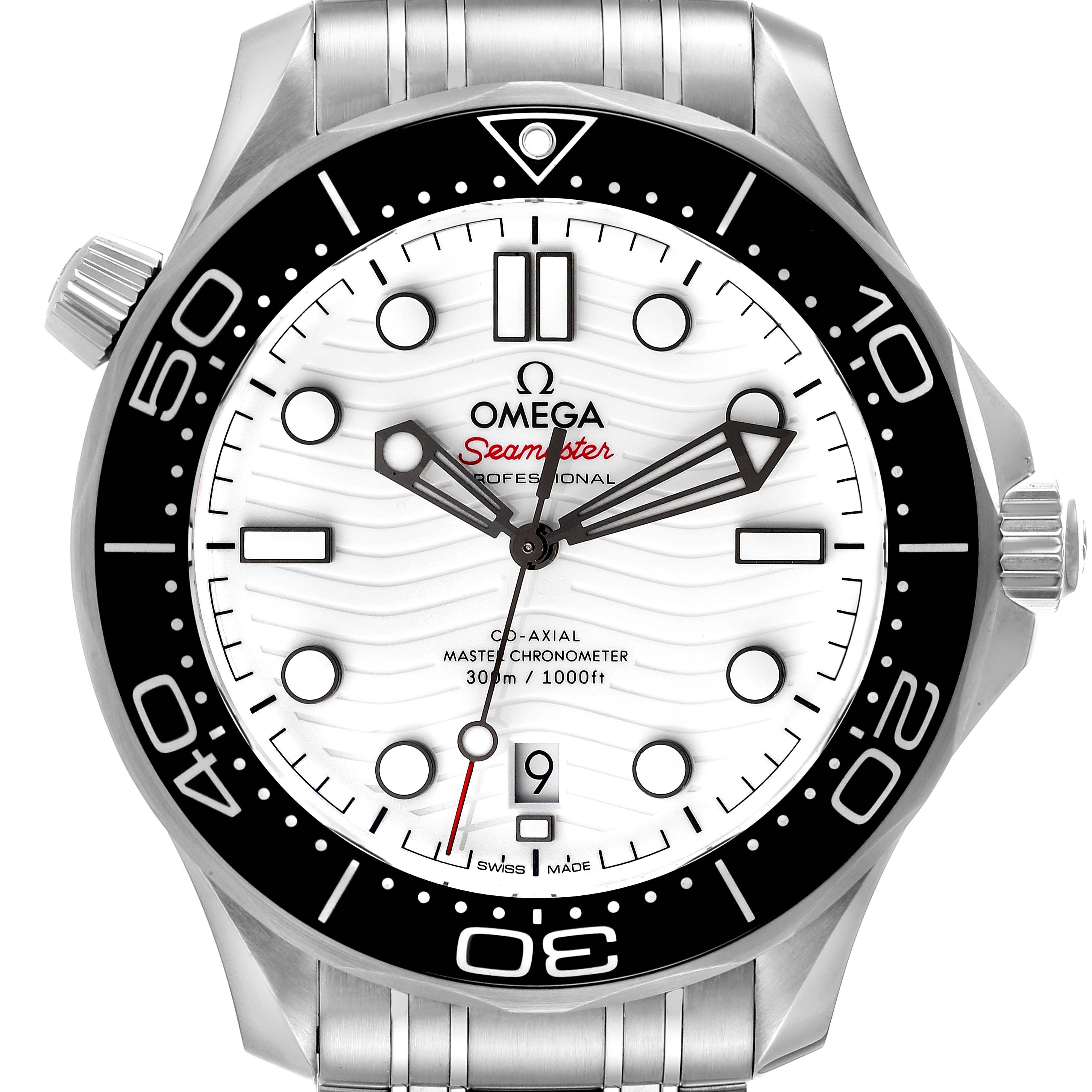 The Omega Seamaster 210.30.42.20.04.001 Men's Stainless Steel White Dial 210.30.42.20.04.001 Men's Stainless Steel White Dial watch is shown from a front angle, highlighting its face, bezel, markers, hands, and crown.