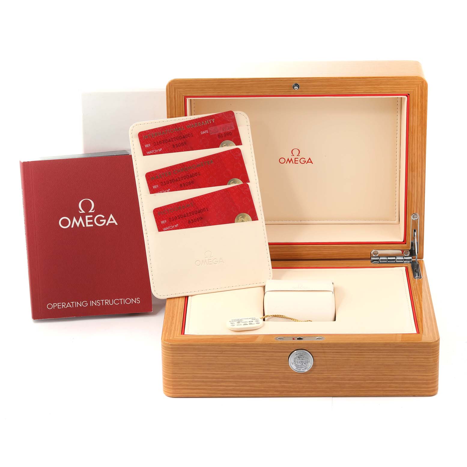 The image shows an Omega Seamaster 210.30.42.20.04.001 Men's Stainless Steel White Dial 210.30.42.20.04.001 Men's Stainless Steel White Dial watch box, operating instructions booklet, warranty cards, and a cardholder.