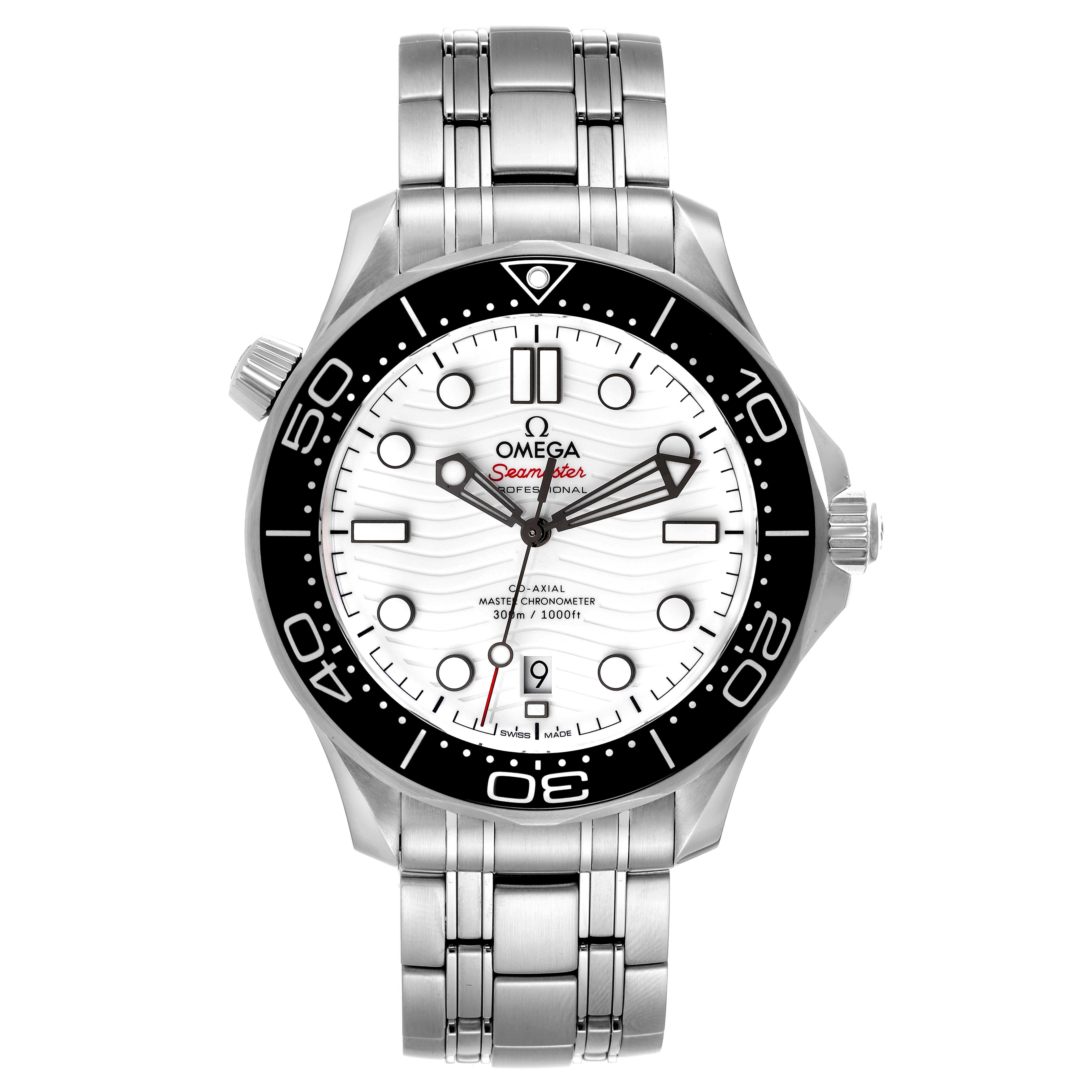 This image shows a front view of the Omega Seamaster 210.30.42.20.04.001 Men's Stainless Steel White Dial 210.30.42.20.04.001 Men's Stainless Steel White Dial watch, highlighting its face, bezel, crown, and bracelet.