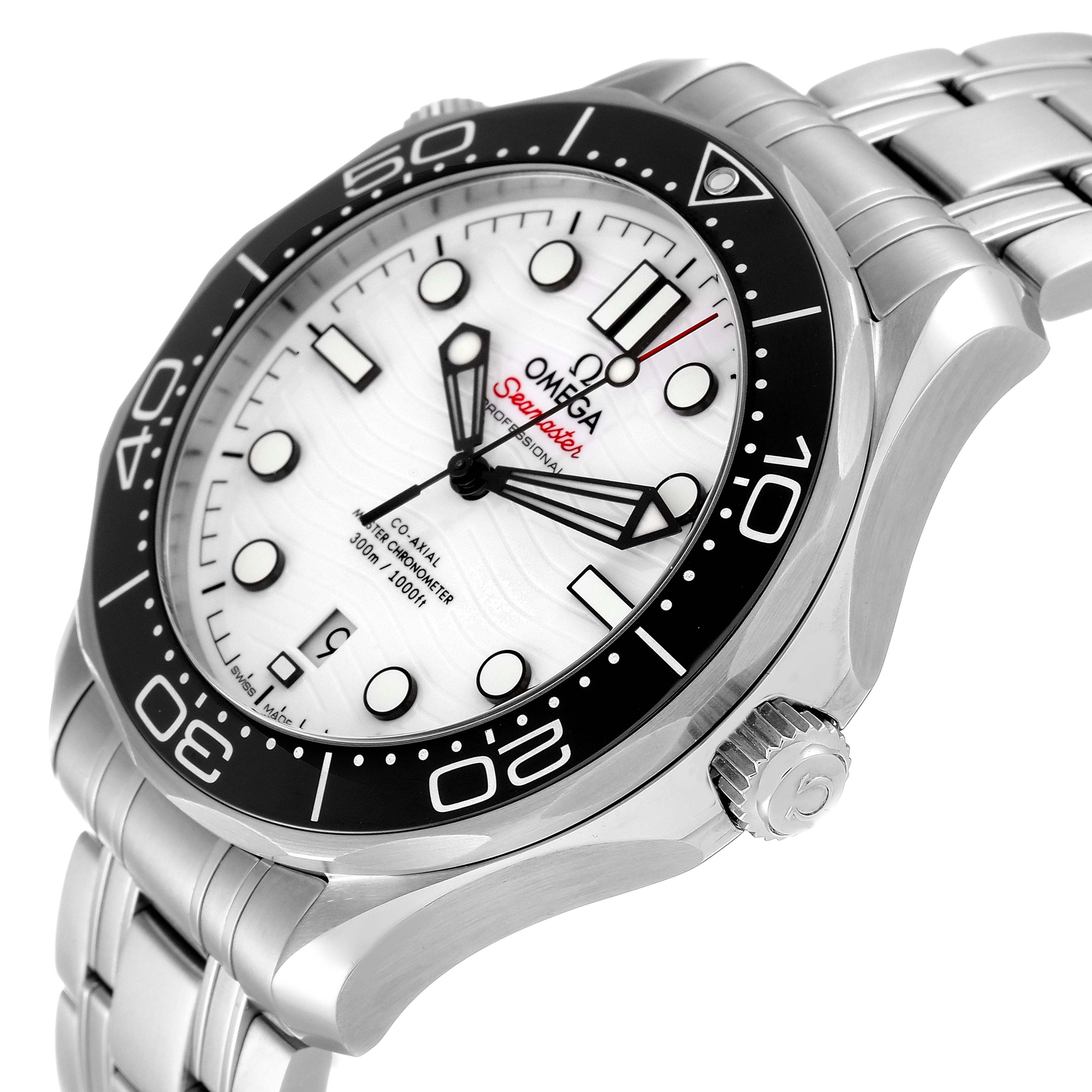 The Omega Seamaster 210.30.42.20.04.001 Men's Stainless Steel White Dial 210.30.42.20.04.001 Men's Stainless Steel White Dial watch is shown from a three-quarter angle, highlighting its face, bezel, crown, and bracelet.