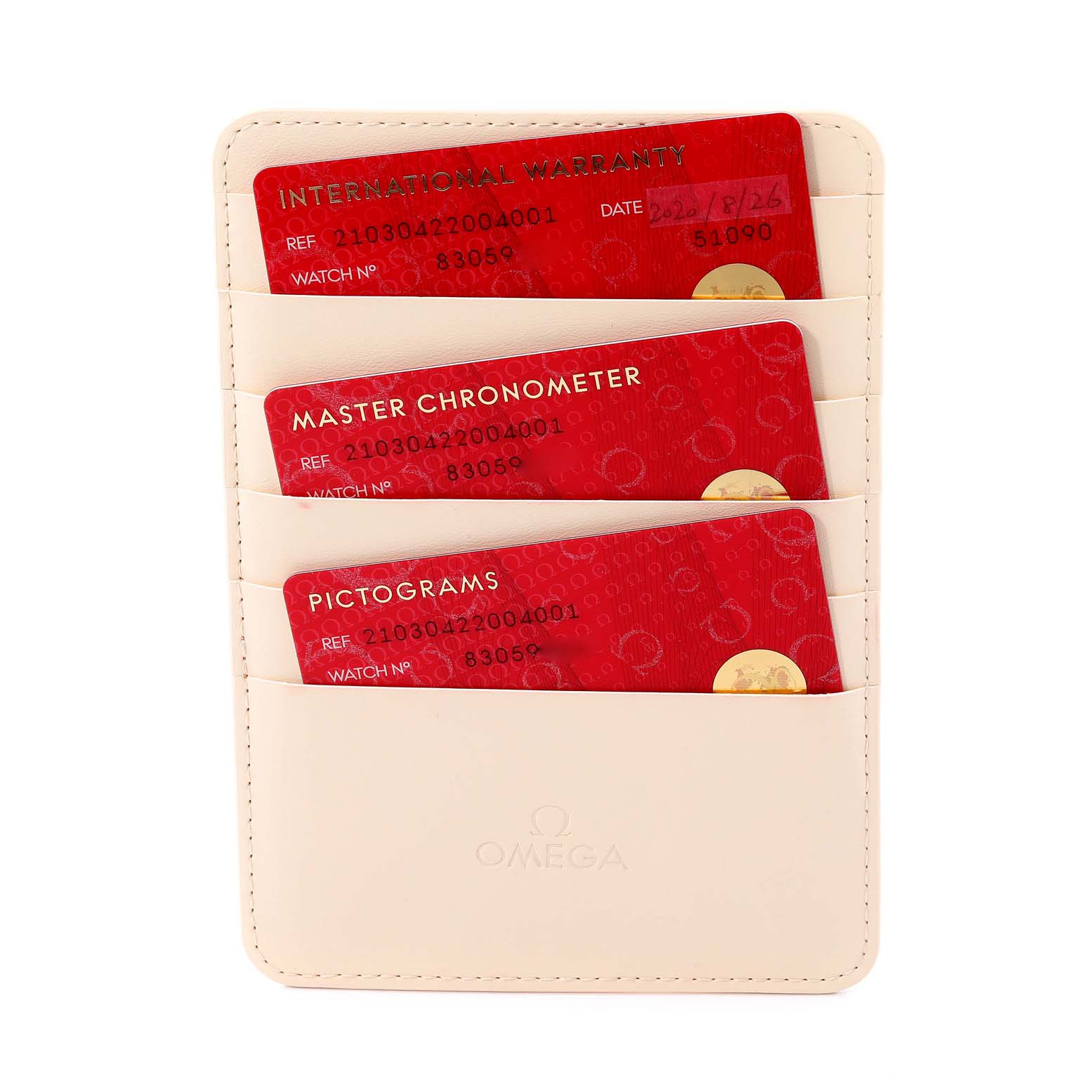 The image shows warranty and informational cards in a beige cardholder for an Omega Seamaster 210.30.42.20.04.001 Men's Stainless Steel White Dial 210.30.42.20.04.001 Men's Stainless Steel White Dial watch, viewed from the front.