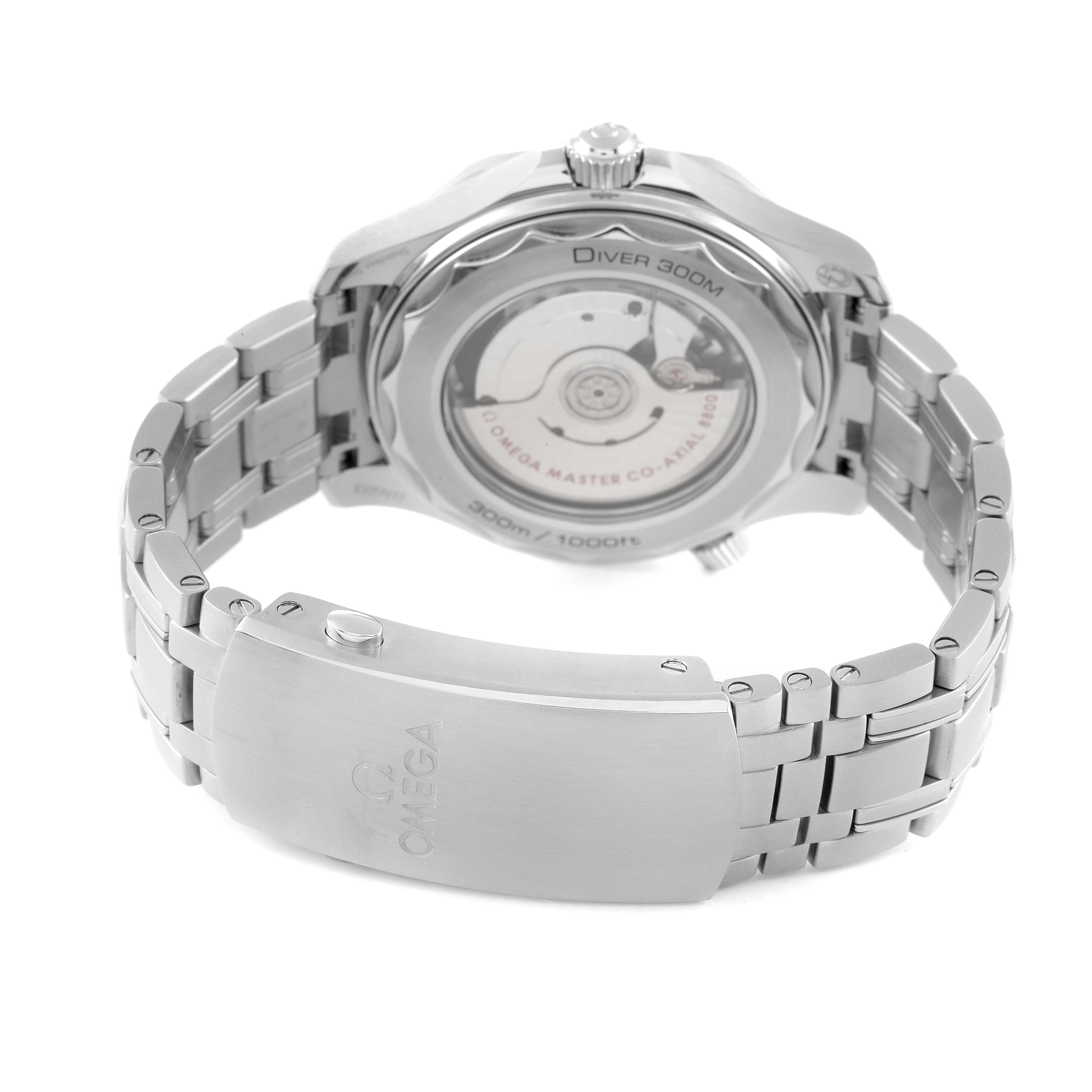 The image shows the back and bracelet of an Omega Seamaster 210.30.42.20.04.001 Men's Stainless Steel White Dial 210.30.42.20.04.001 Men's Stainless Steel White Dial watch, highlighting its deployment clasp and transparent case back.