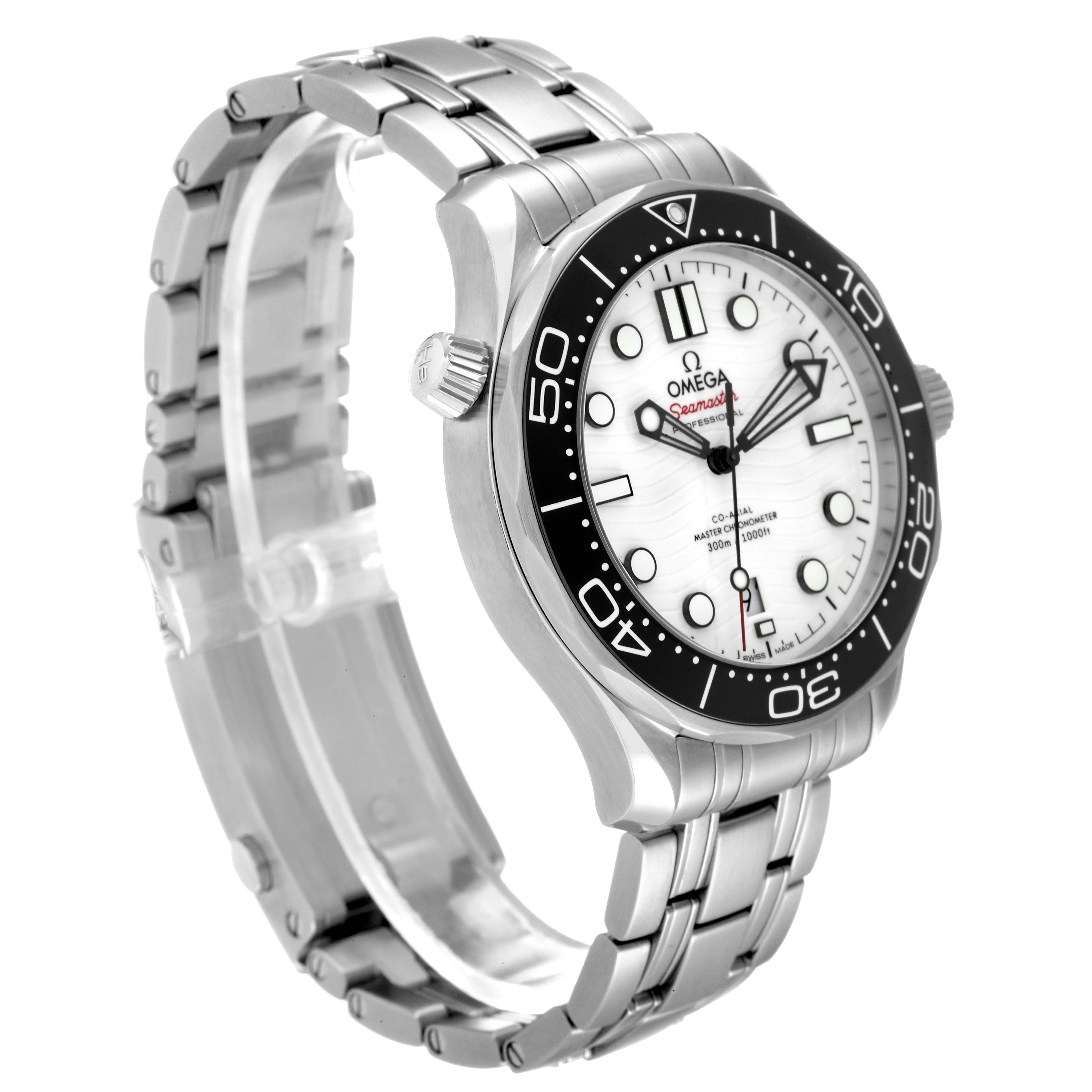 The image shows an Omega Seamaster 210.30.42.20.04.001 Men's Stainless Steel White Dial 210.30.42.20.04.001 Men's Stainless Steel White Dial watch from a left side angle, highlighting its dial, bezel, and bracelet.