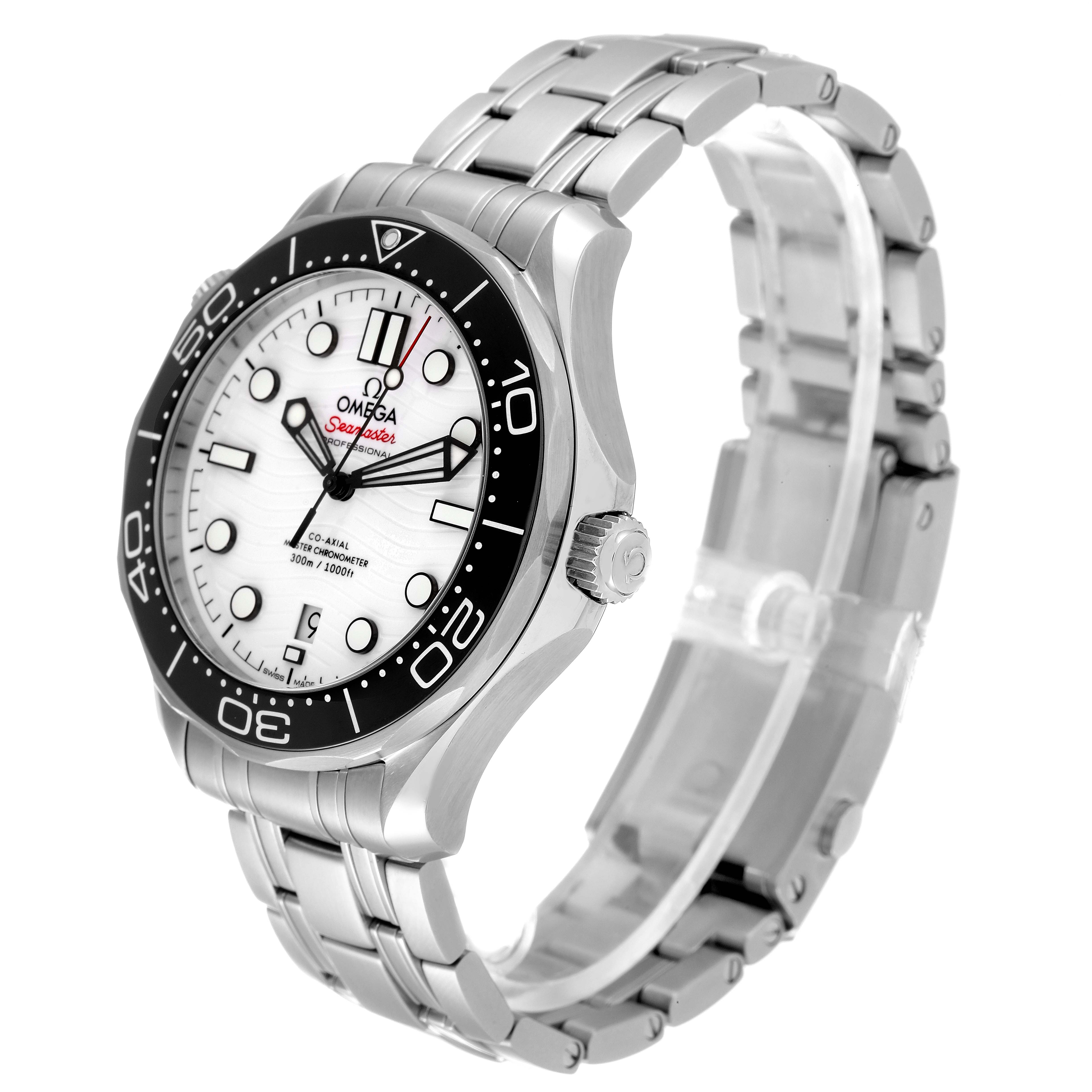 The image shows the Omega Seamaster 210.30.42.20.04.001 Men's Stainless Steel White Dial 210.30.42.20.04.001 Men's Stainless Steel White Dial watch at a three-quarter angle, highlighting the face, bezel, crown, and stainless steel bracelet.