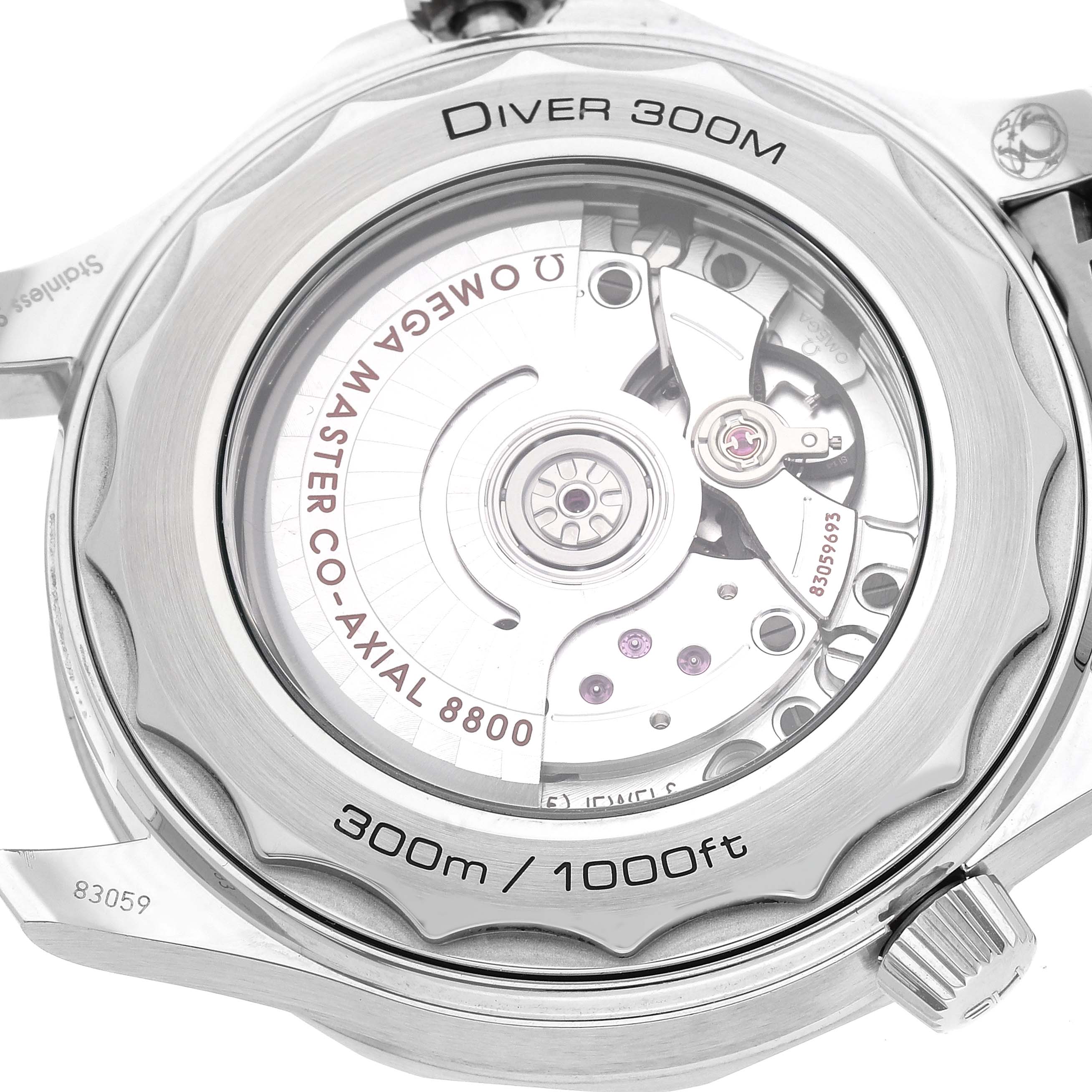 The image shows the back of an Omega Seamaster 210.30.42.20.04.001 Men's Stainless Steel White Dial 210.30.42.20.04.001 Men's Stainless Steel White Dial Diver 300M watch, highlighting its internal mechanism and water resistance details.