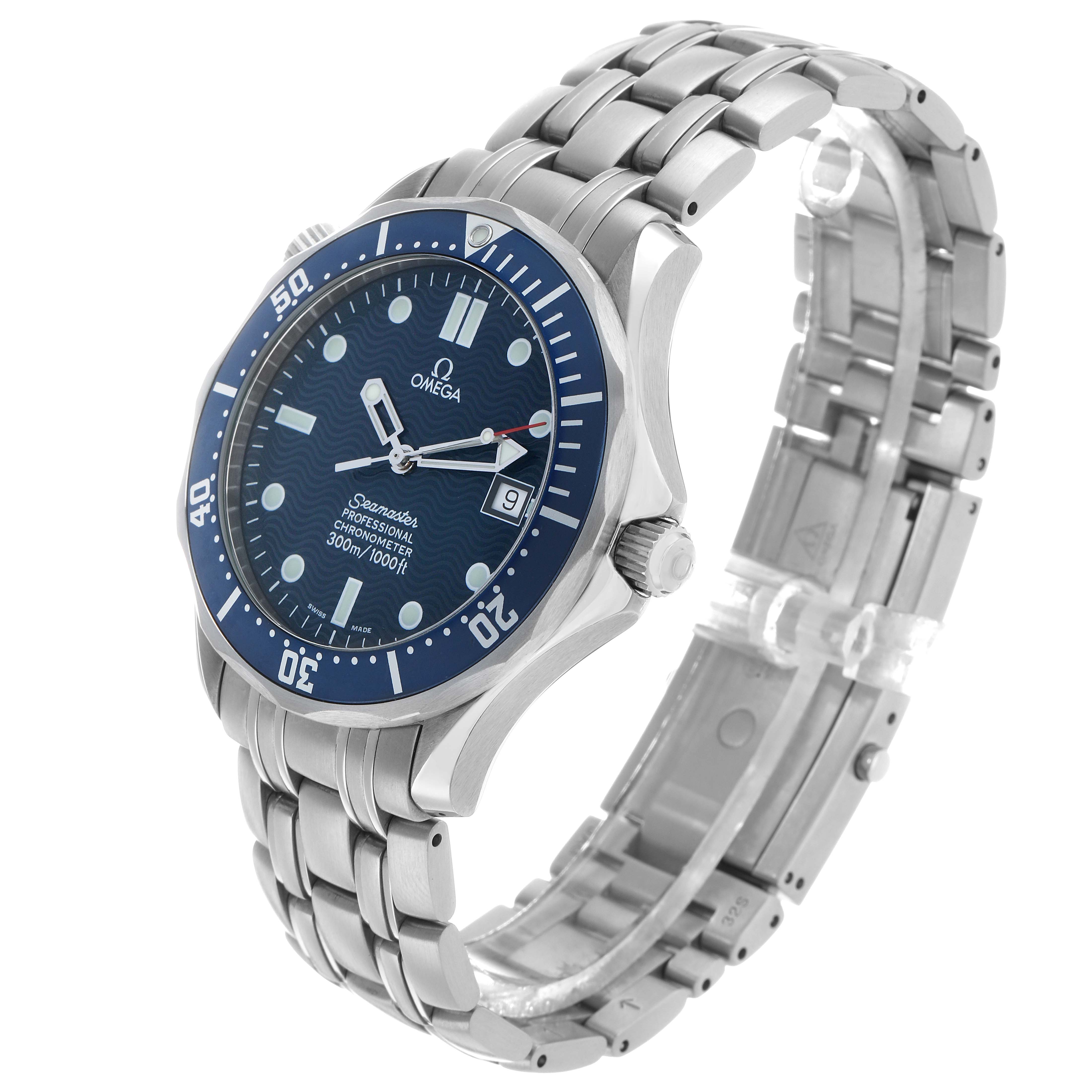 The Omega Seamaster 2531.80.00 Men's Stainless Steel Blue Dial watch is shown at a three-quarter angle, highlighting the dial, bezel, and metal bracelet.