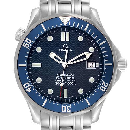 This Omega Seamaster 2531.80.00 Men's Stainless Steel Blue Dial watch is shown from the front, highlighting the dial, hands, bezel, crown, and part of the bracelet.