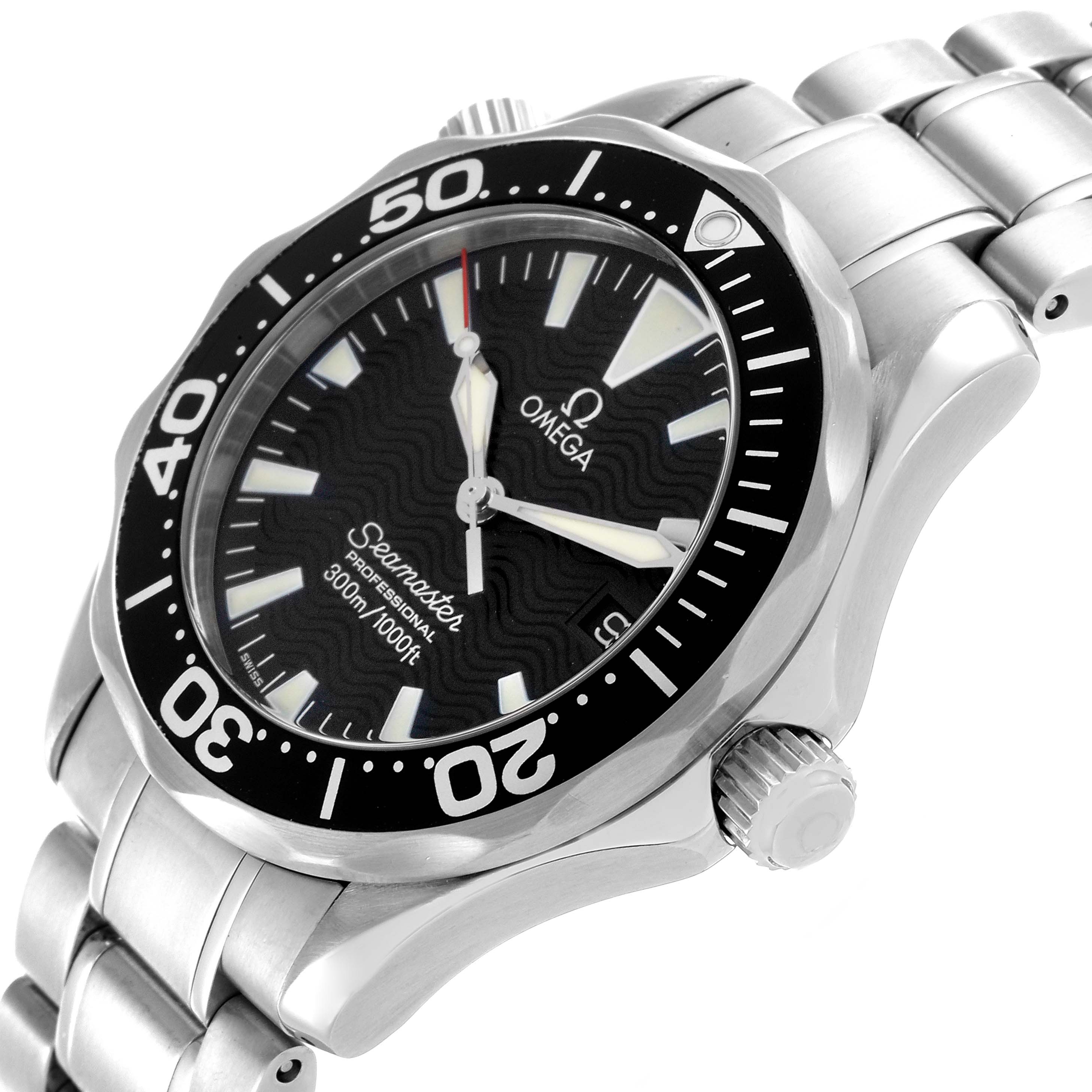 The Omega Seamaster 2262.50.00 Men
s Stainless Steel Black Dial 2262.50.00 Men
s Stainless Steel Black Dial watch is shown at a three-quarter angle, highlighting the bezel, dial, case, and bracelet.