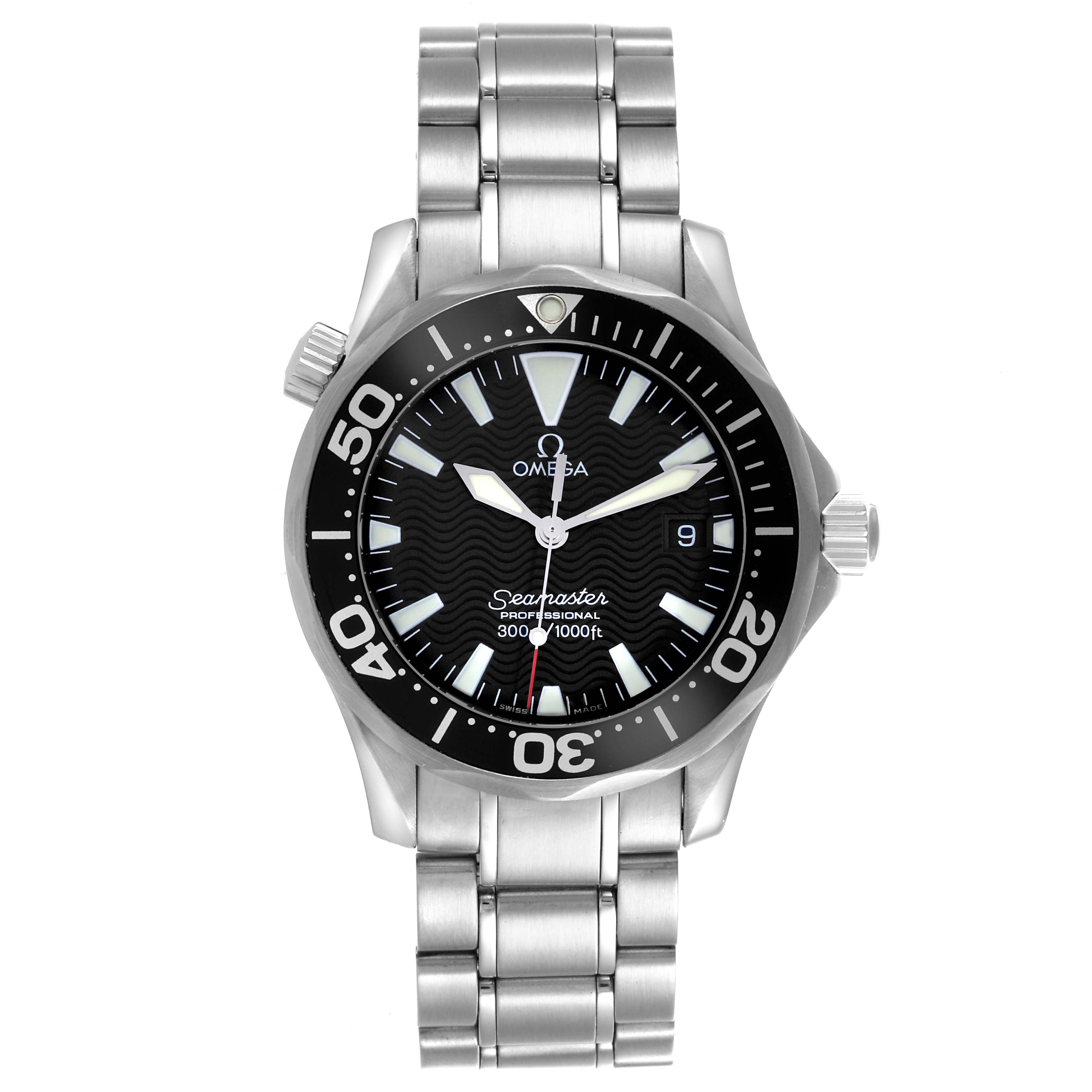 The Omega Seamaster 2262.50.00 Men
s Stainless Steel Black Dial 2262.50.00 Men
s Stainless Steel Black Dial watch is shown from a front angle, displaying the face, bezel, and bracelet.