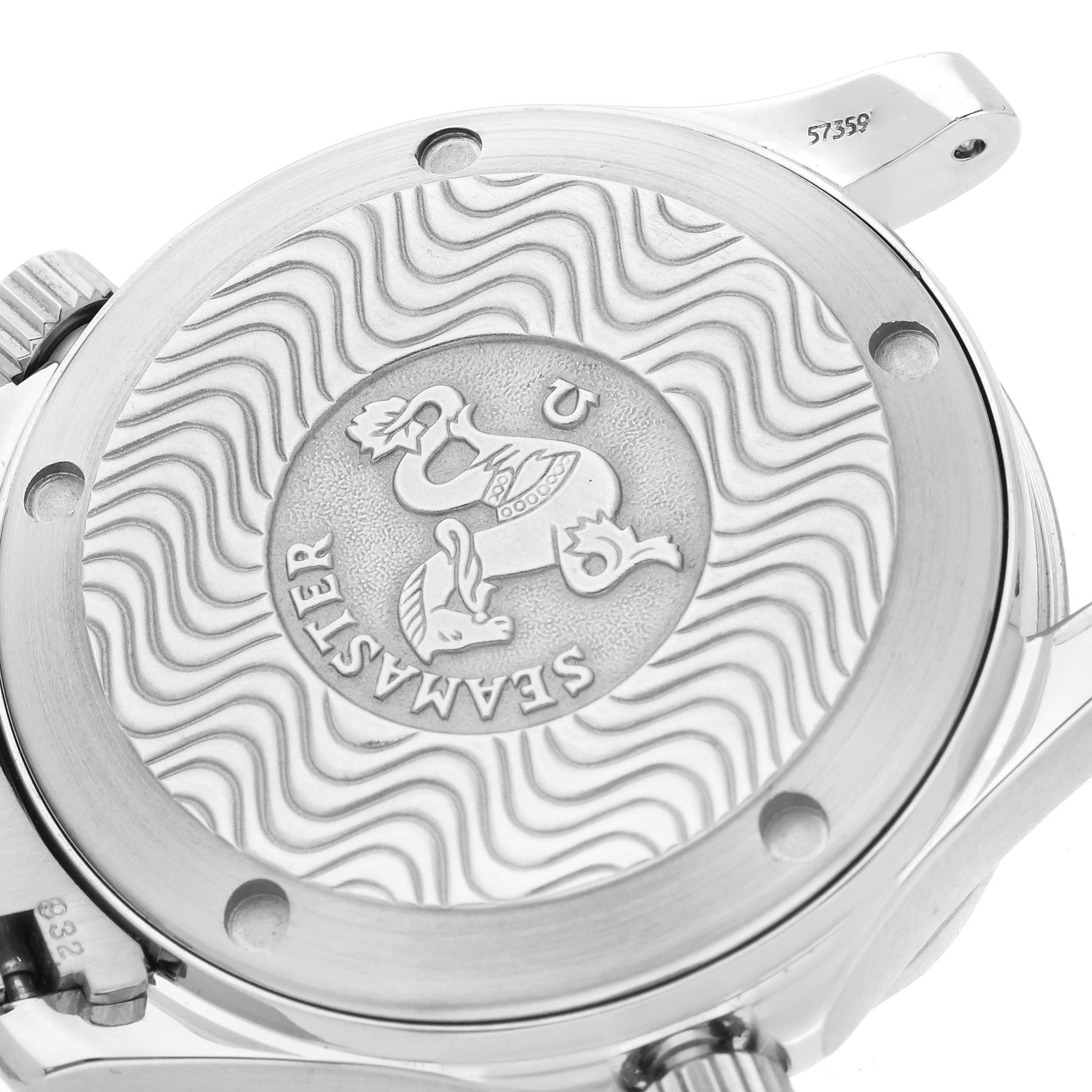 The image shows the back case of the Omega Seamaster 2262.50.00 Men
s Stainless Steel Black Dial 2262.50.00 Men
s Stainless Steel Black Dial watch, displaying its engraved logo and wave pattern.